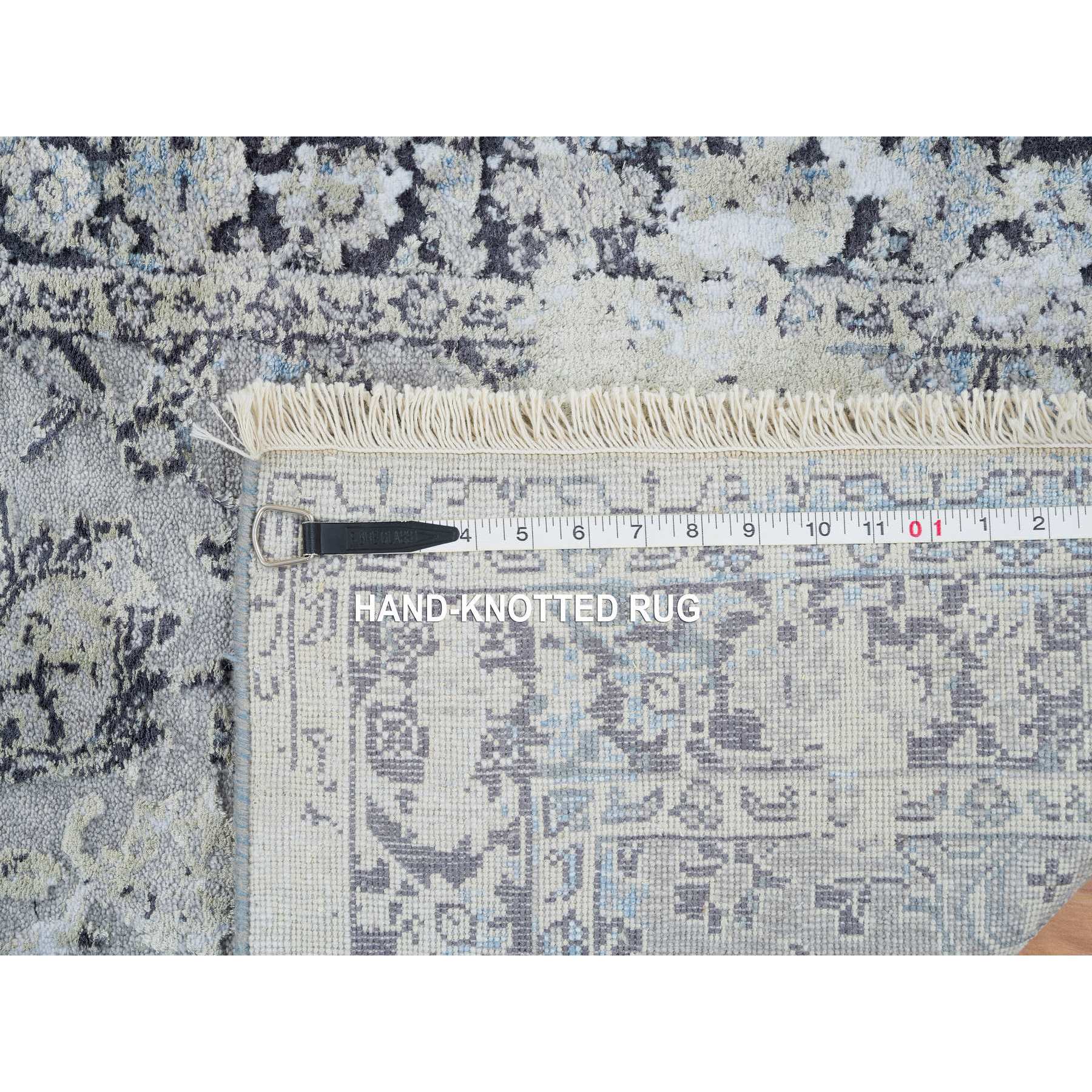 2'6"x6' Light Gray, Hand Woven Broken Kashan Design, Pure Silk with Wool, Runner Oriental Rug 