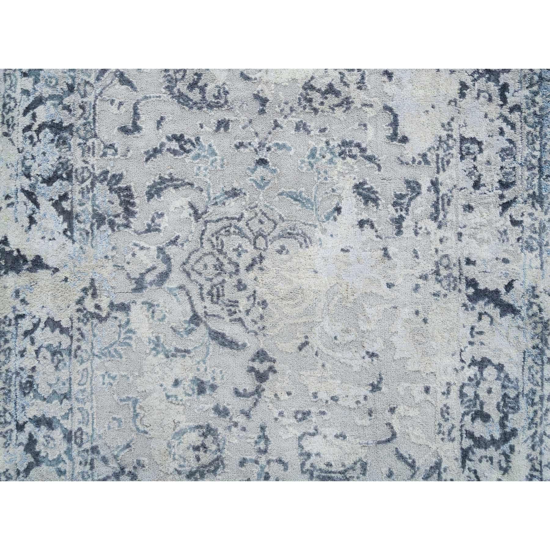 Light Gray, Pure Silk with Wool Hand Woven, Broken Kashan Design, Runner Oriental Rug 