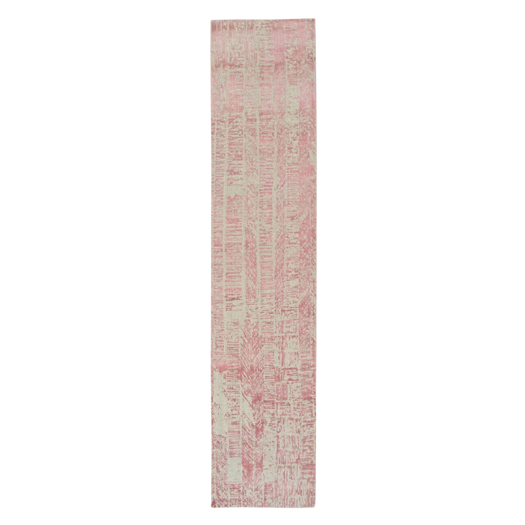 2'6"x12' Rose Pink, Jacquard Hand Loomed, All Over Design Wool and Art Silk, Runner Oriental Rug 
