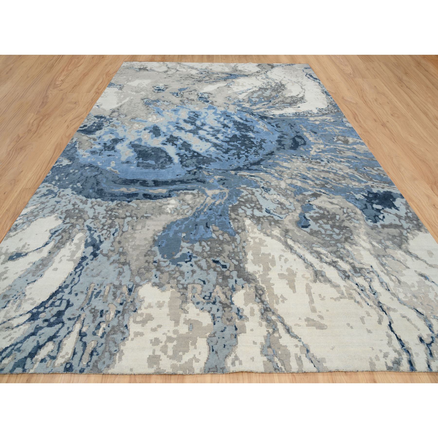 12'x17'9" Beige and Blue, Hand Woven Abstract Design, Hi-Low Pile Wool and Silk, Oversized Oriental Rug 