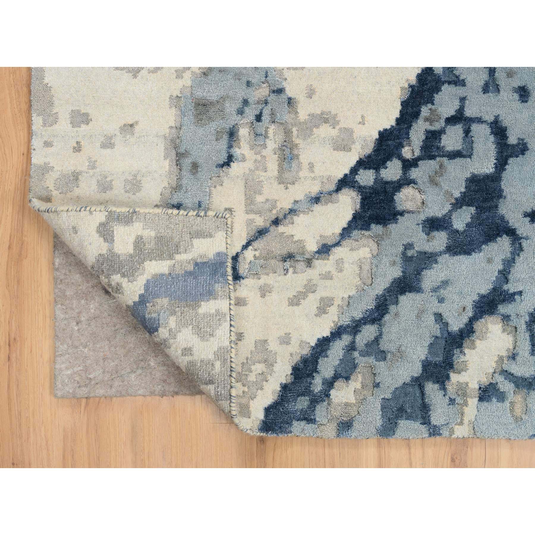 12'x17'9" Beige and Blue, Hand Woven Abstract Design, Hi-Low Pile Wool and Silk, Oversized Oriental Rug 