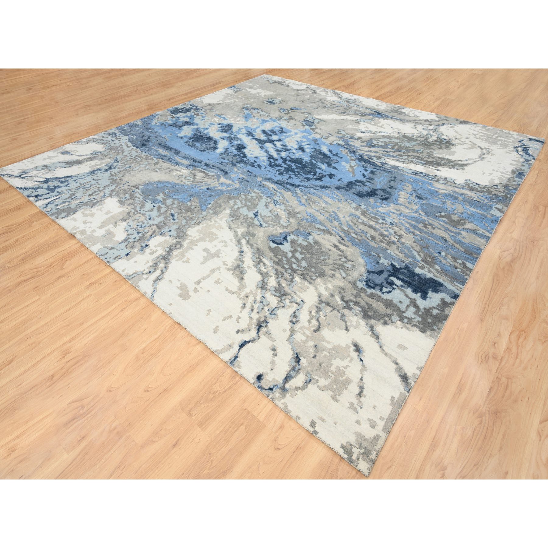 11'10"x12' Beige and Blue, Wool and Silk Hand Woven, Abstract Design Hi-Low Pile, Square Oriental Rug 