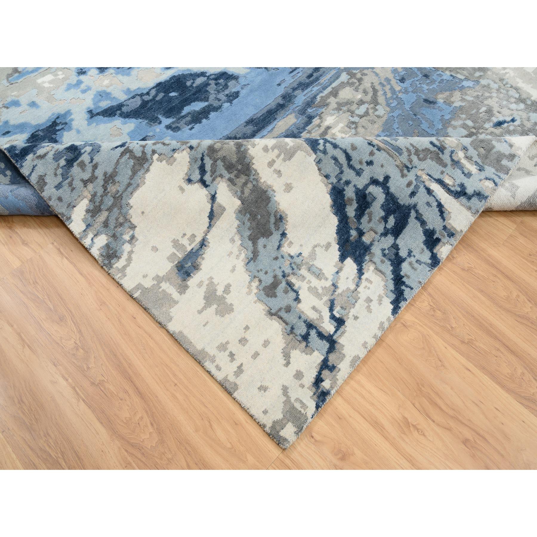 11'10"x12' Beige and Blue, Wool and Silk Hand Woven, Abstract Design Hi-Low Pile, Square Oriental Rug 