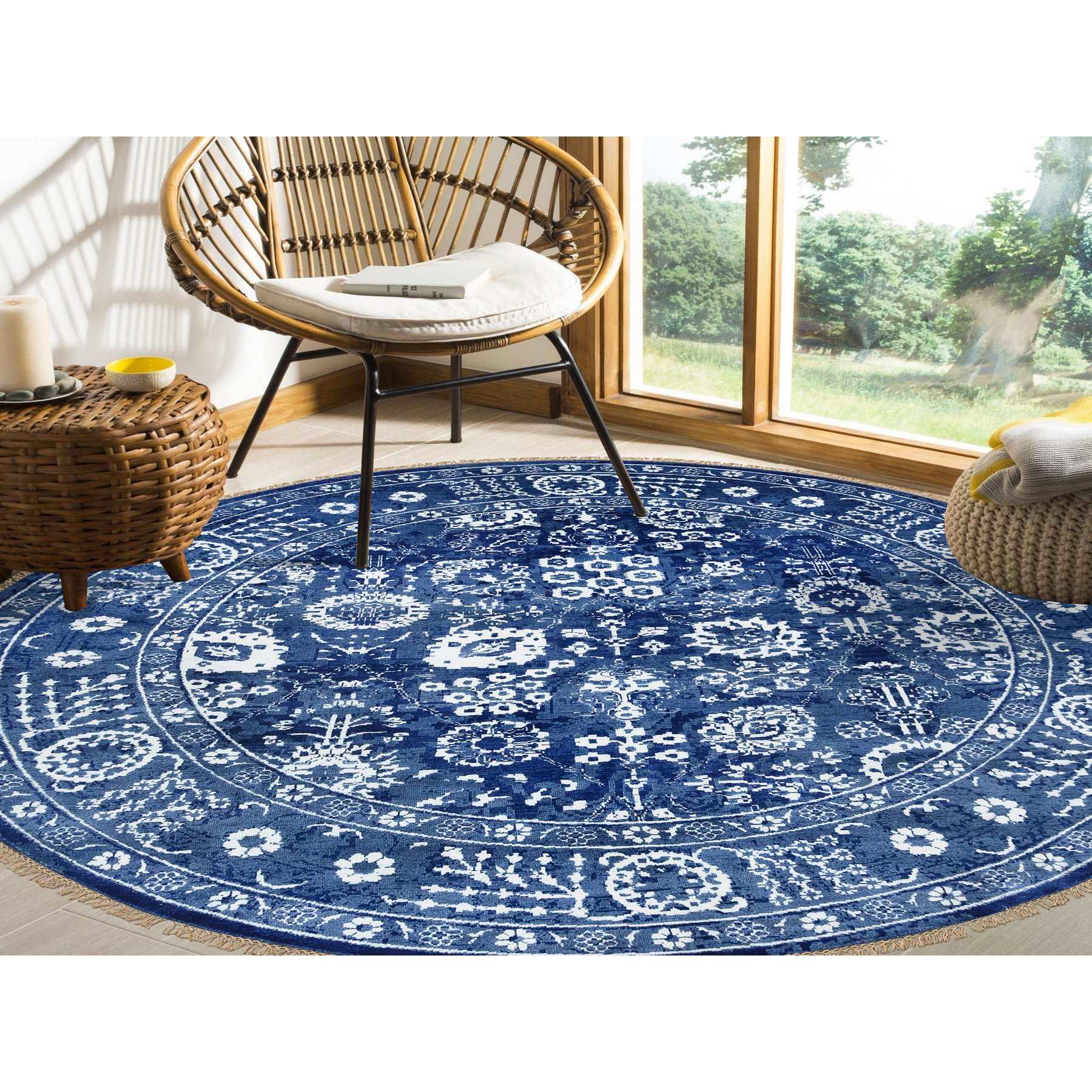 8'2"x8'2" Denim Blue, Wool and Silk Hand Woven, Tabriz with All Over Motifs Tone on Tone, Round Oriental Rug 