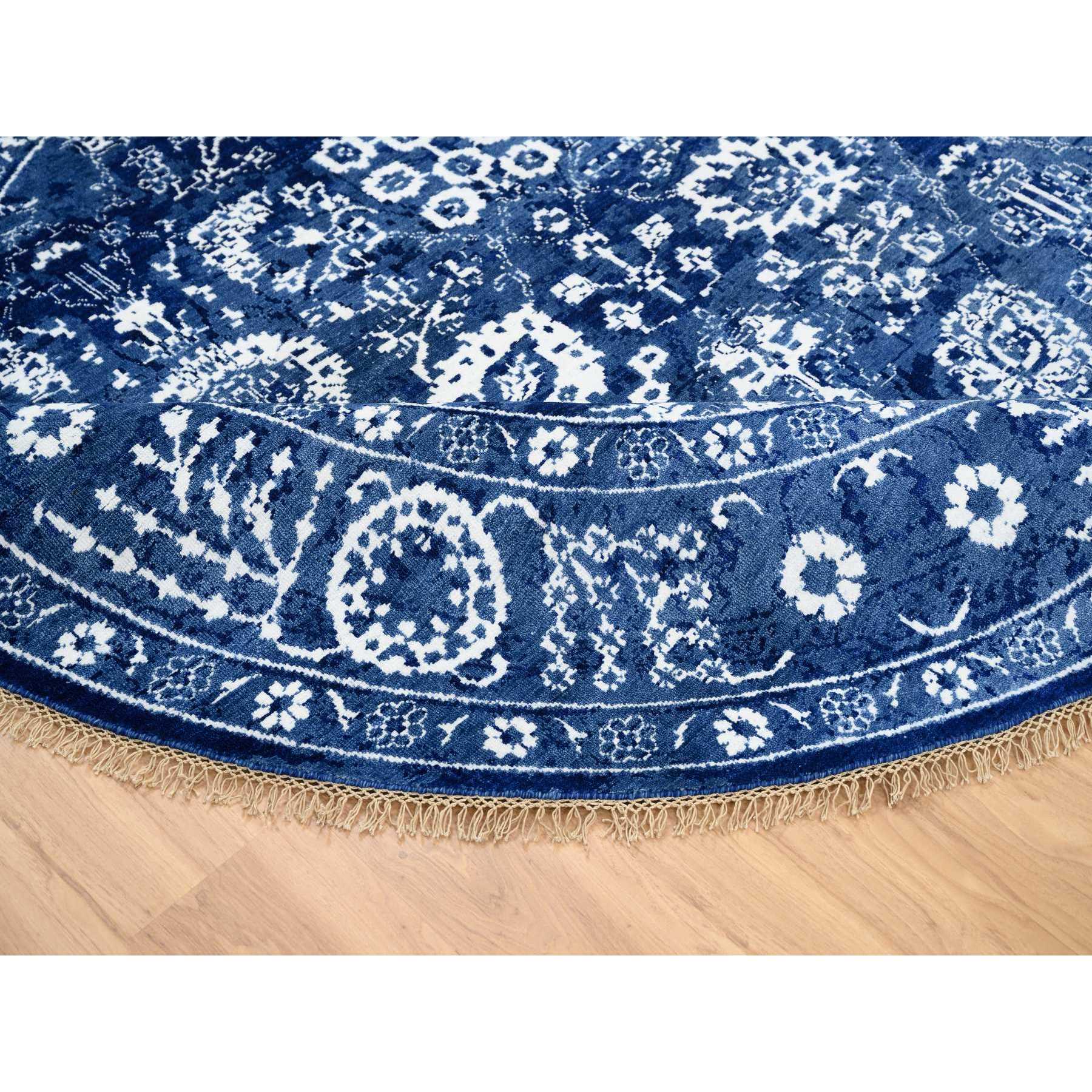 8'2"x8'2" Denim Blue, Wool and Silk Hand Woven, Tabriz with All Over Motifs Tone on Tone, Round Oriental Rug 