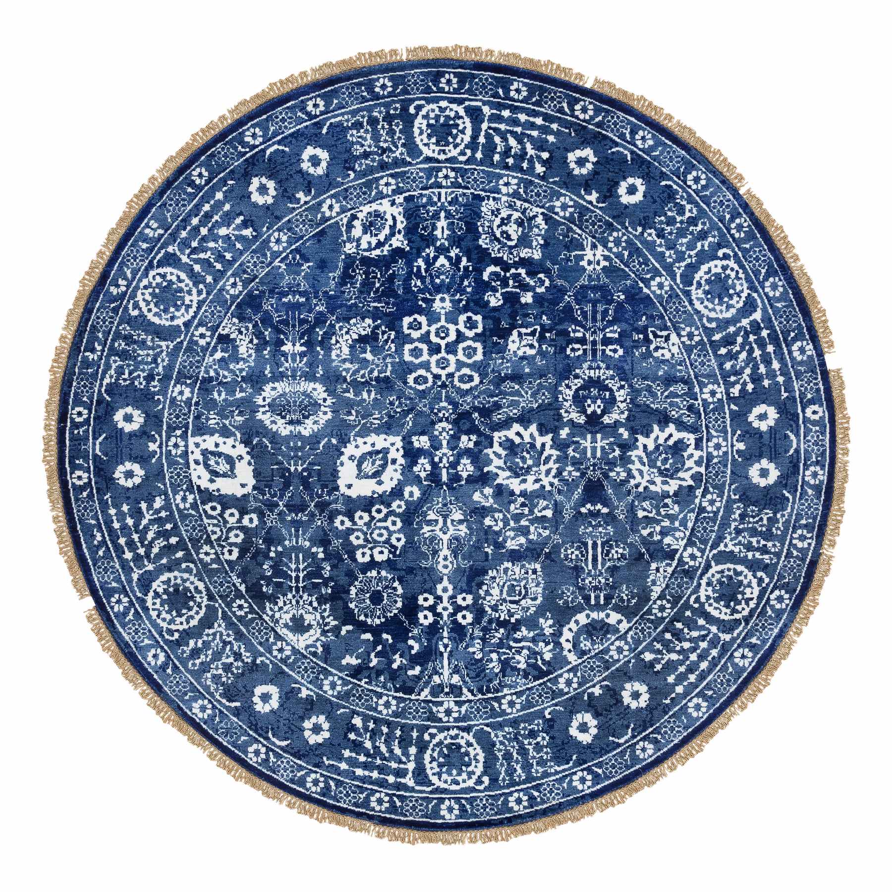 7'3"x7'3" Denim Blue, Hand Woven Tabriz with All Over Motifs, Tone on Tone Wool and Silk, Round Oriental Rug 
