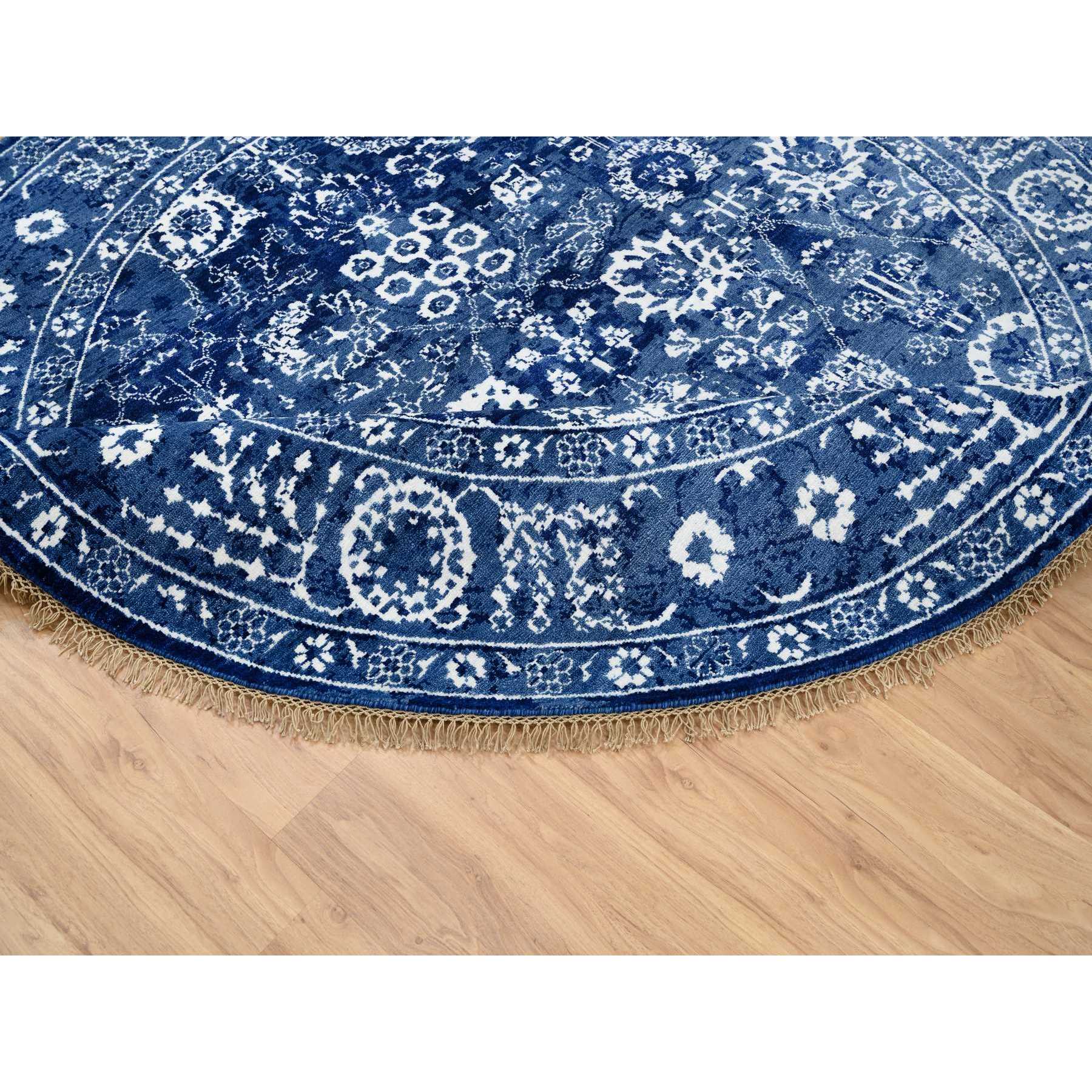 7'3"x7'3" Denim Blue, Hand Woven Tabriz with All Over Motifs, Tone on Tone Wool and Silk, Round Oriental Rug 