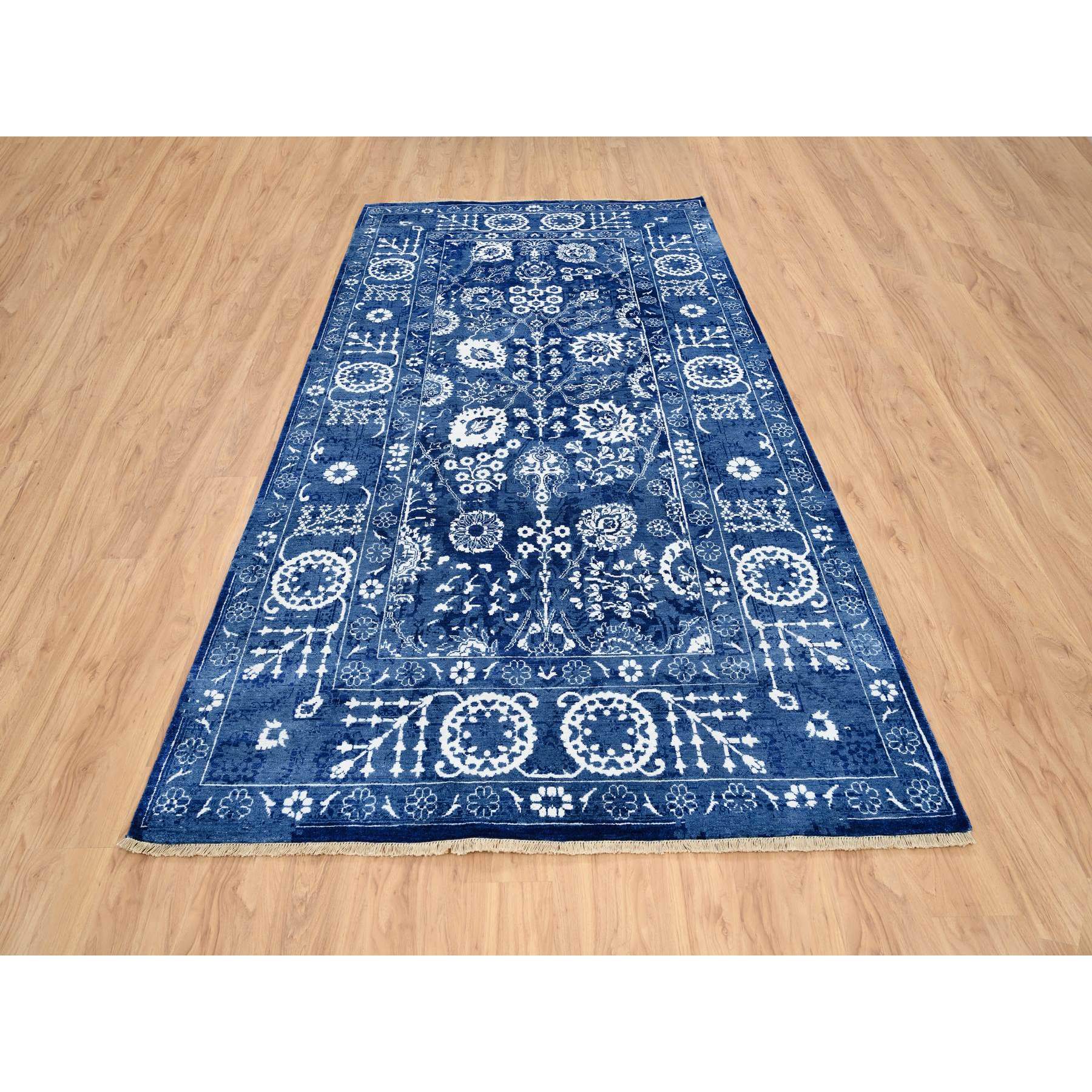 6'3"x12' Denim Blue, Tone on Tone Wool and Silk, Hand Woven Tabriz with All Over Motifs, Gallery Size Runner Oriental Rug 