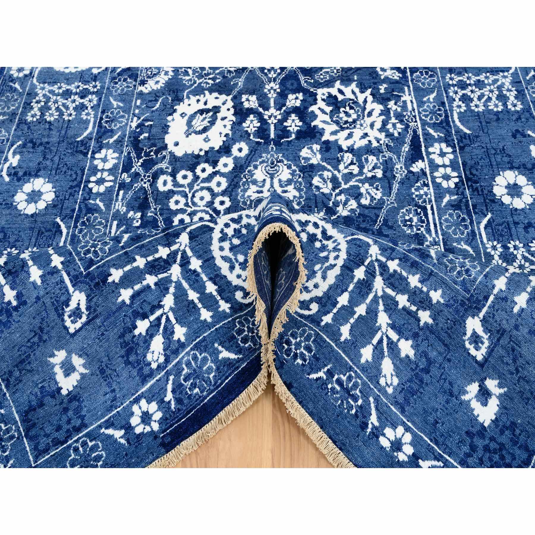 6'3"x12' Denim Blue, Tone on Tone Wool and Silk, Hand Woven Tabriz with All Over Motifs, Gallery Size Runner Oriental Rug 