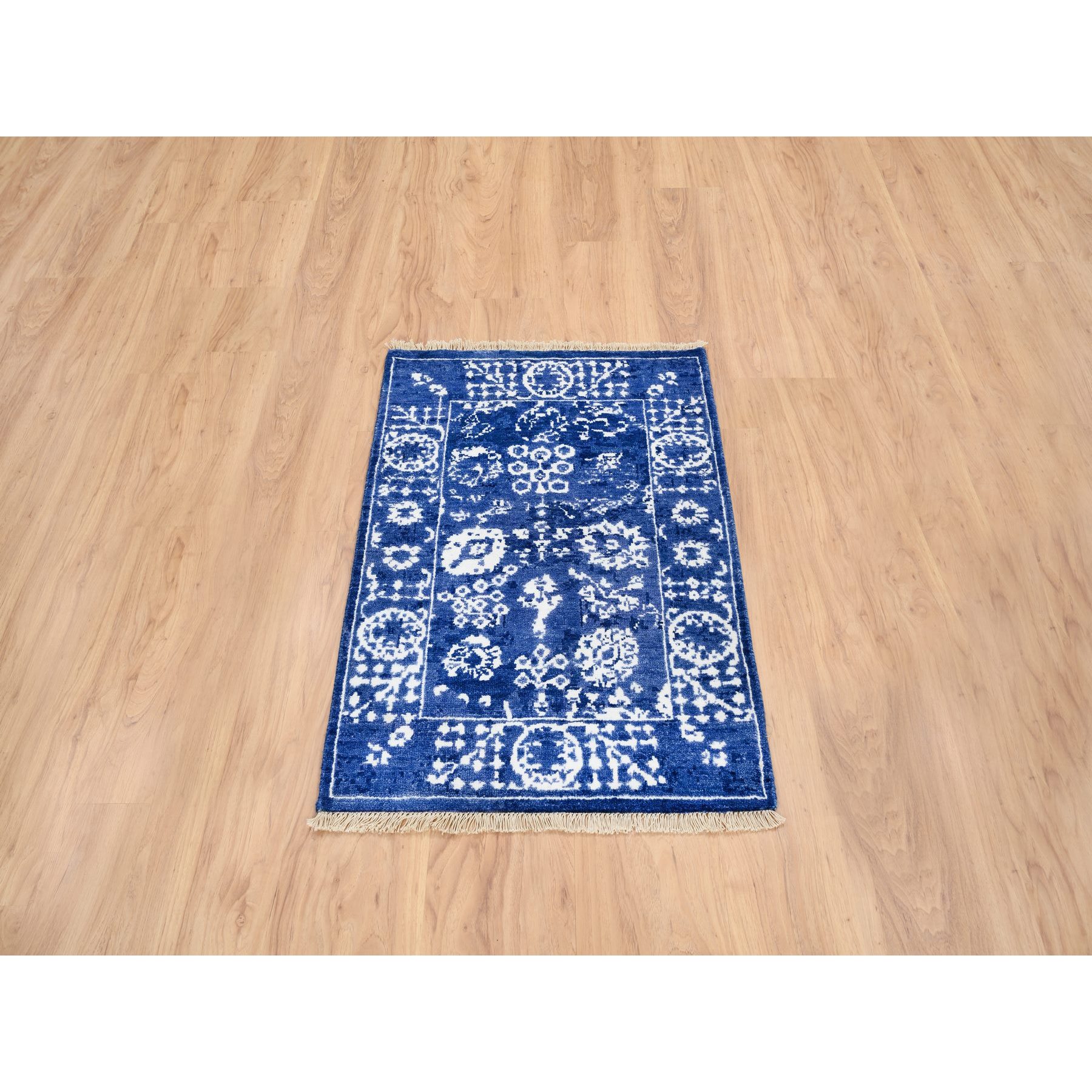 2'1"x3' Denim Blue, Wool and Silk Hand Woven, Tabriz with All Over Motifs Tone on Tone, Mat Oriental Rug 