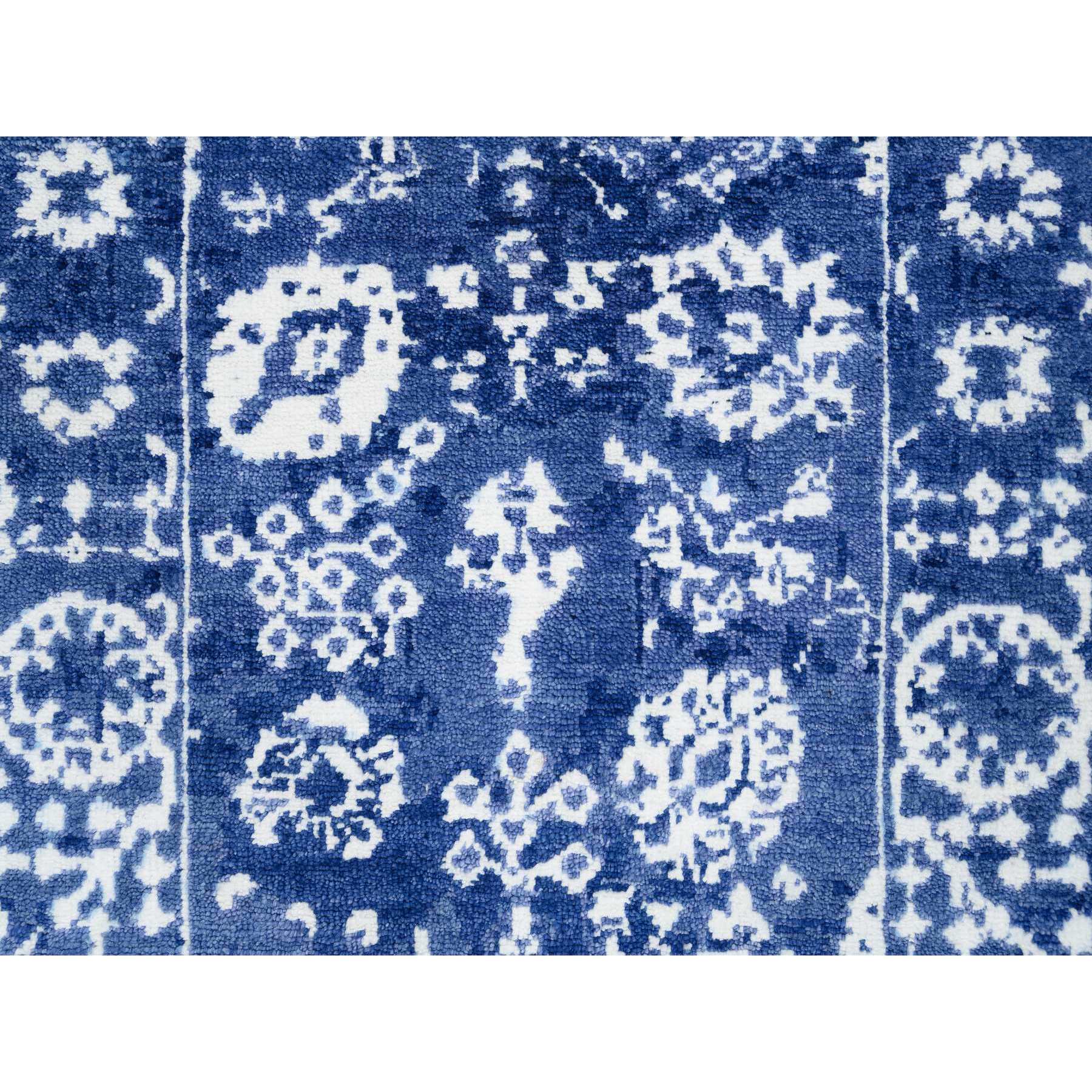 2'1"x3' Denim Blue, Tabriz with All Over Motifs Tone on Tone, Wool and Silk Hand Woven, Mat Oriental Rug 
