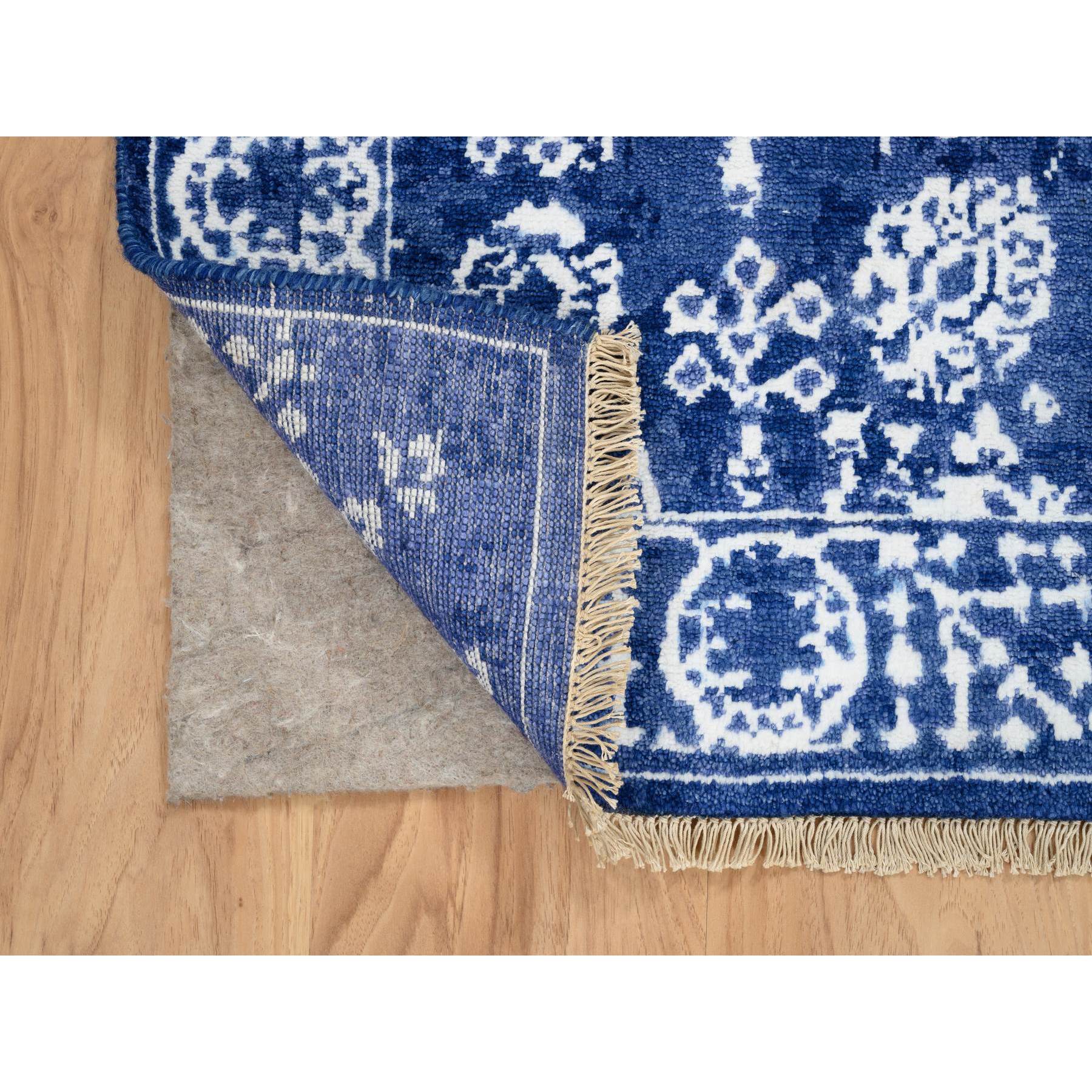 2'x3' Denim Blue, Tebraz with All Over Motifs Tone on Tone, Wool and Silk Hand Woven, Mat Oriental Rug 