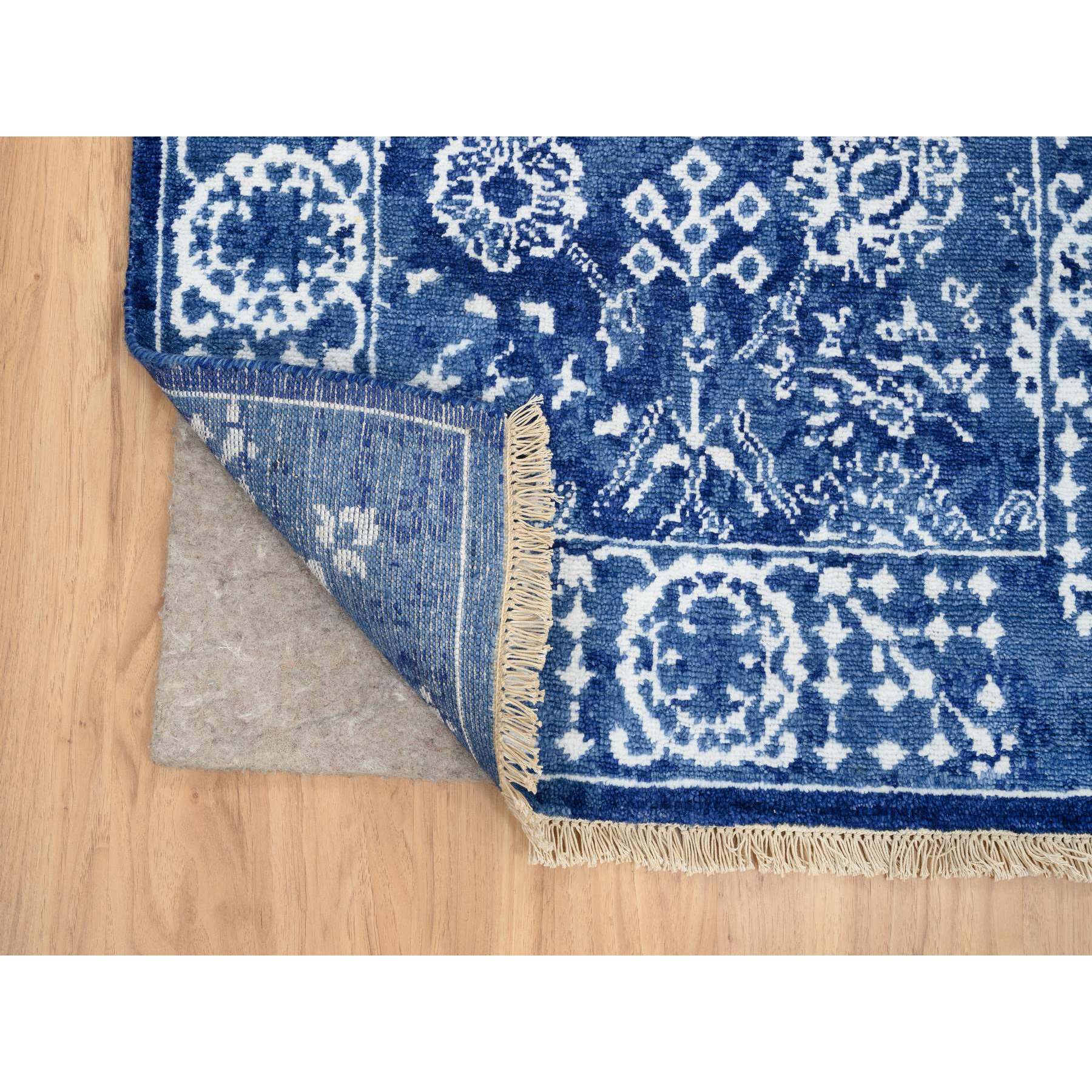 2'7"x12' Denim Blue, Tabriz with All Over Motifs Tone on Tone, Wool and Silk Hand Woven, Runner Oriental Rug 
