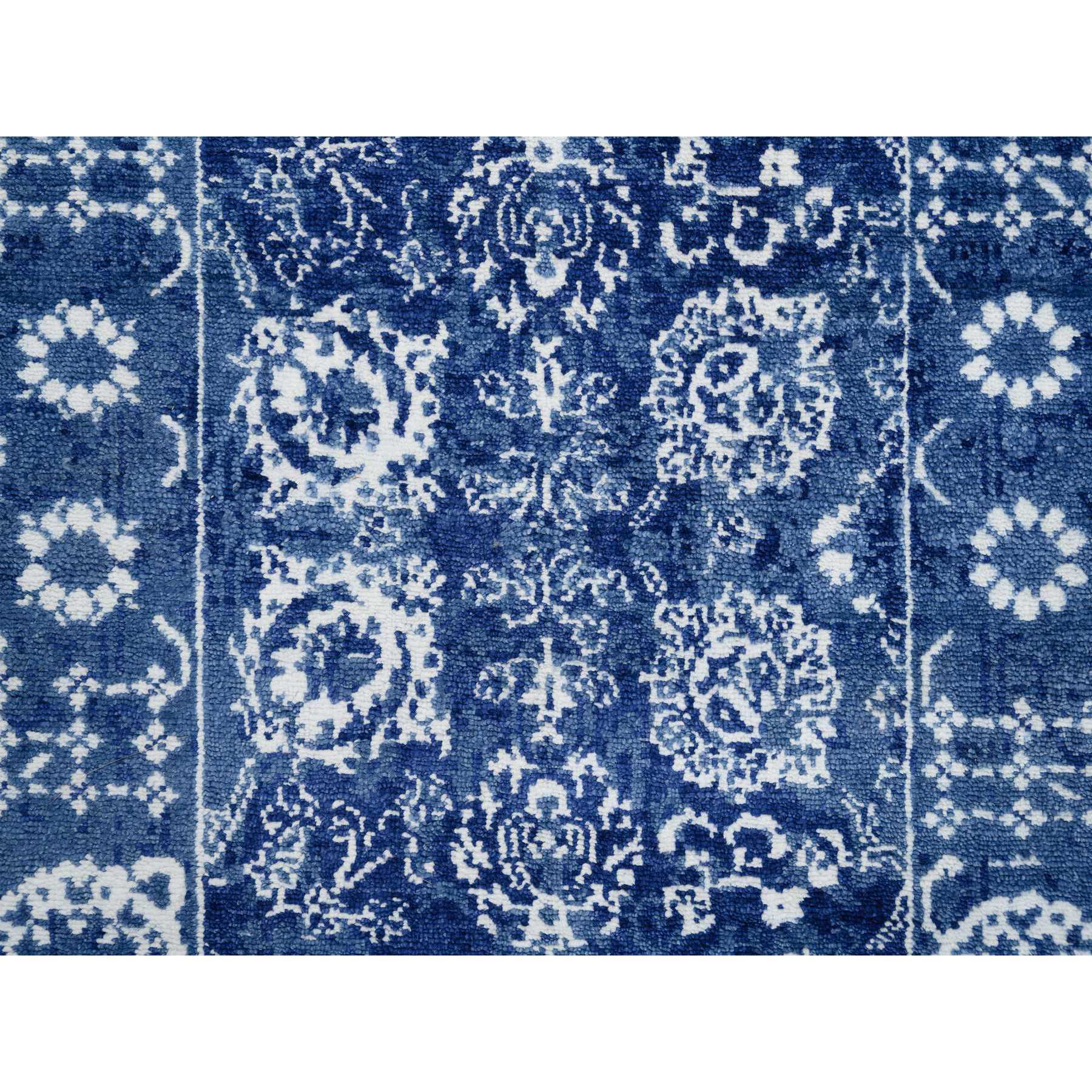 2'7"x12' Denim Blue, Tabriz with All Over Motifs Tone on Tone, Wool and Silk Hand Woven, Runner Oriental Rug 