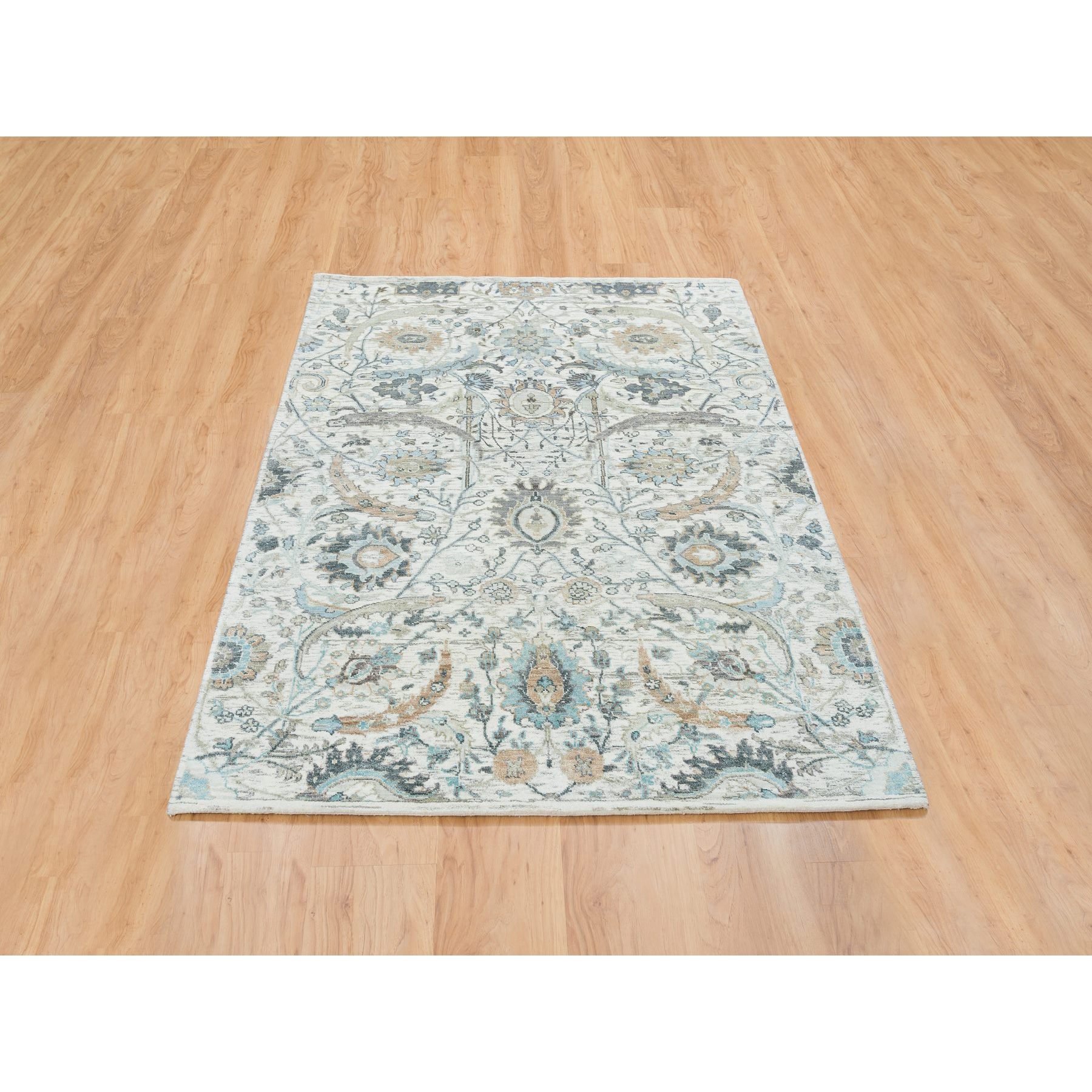 4'2"x6'2" Ivory, Hand Woven Sickle Leaf Design, Soft Pile Silk With Textured Wool, Oriental Rug 