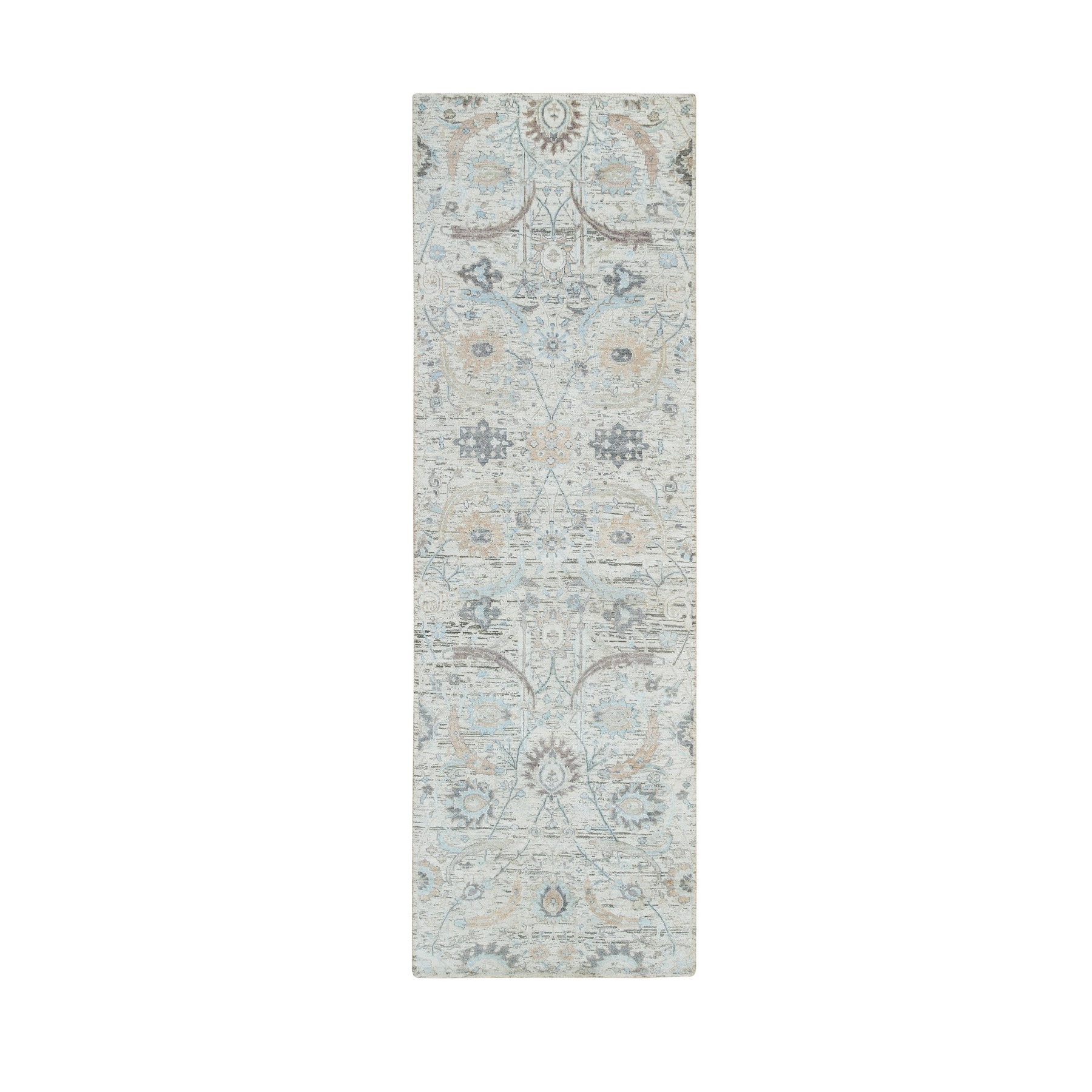 2'7"x8'2" Ivory, Silk With Textured Wool Hand Woven, Sickle Leaf Design Soft Pile, Runner Oriental Rug 