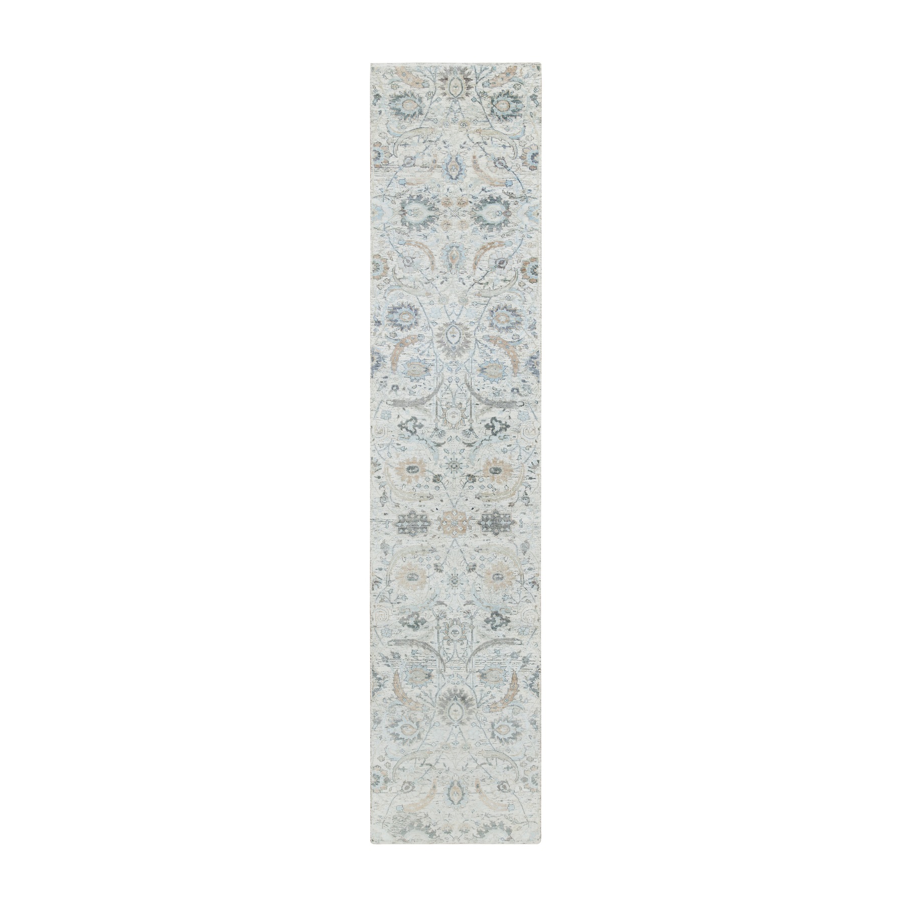 2'7"x12' Ivory, Silk With Textured Wool Hand Woven, Sickle Leaf Design Soft Pile, Runner Oriental Rug 