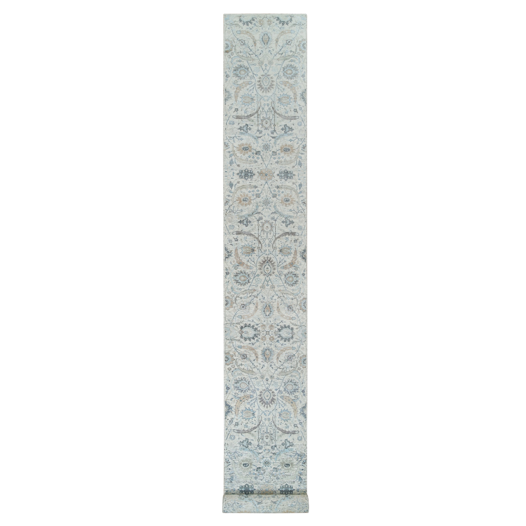 2'6"x20' Ivory, Sickle Leaf Design Soft Pile, Silk With Textured Wool Hand Woven, XL Runner Oriental Rug 