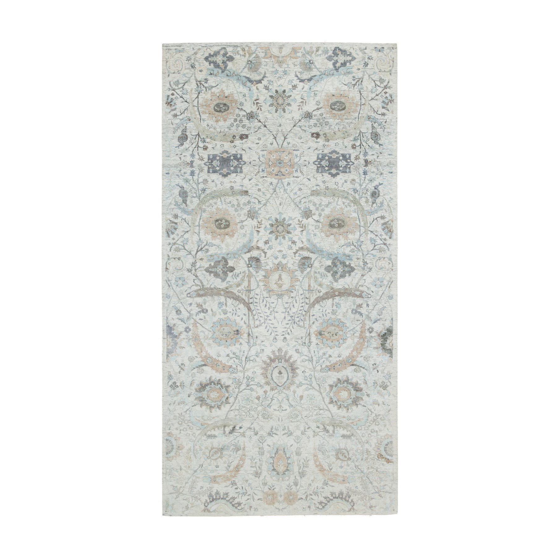 6'1"x12' Ivory, Sickle Leaf Design Soft Pile, Silk With Textured Wool Hand Woven, Gallery Size Runner Oriental Rug 