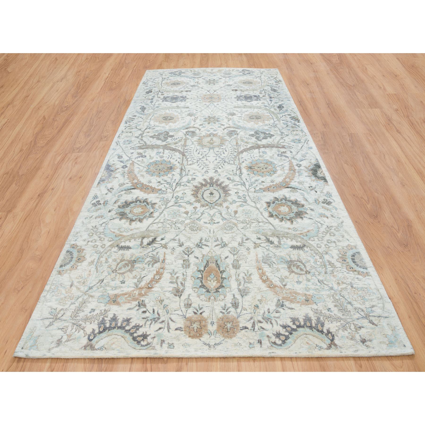 6'1"x12' Ivory, Sickle Leaf Design Soft Pile, Silk With Textured Wool Hand Woven, Gallery Size Runner Oriental Rug 