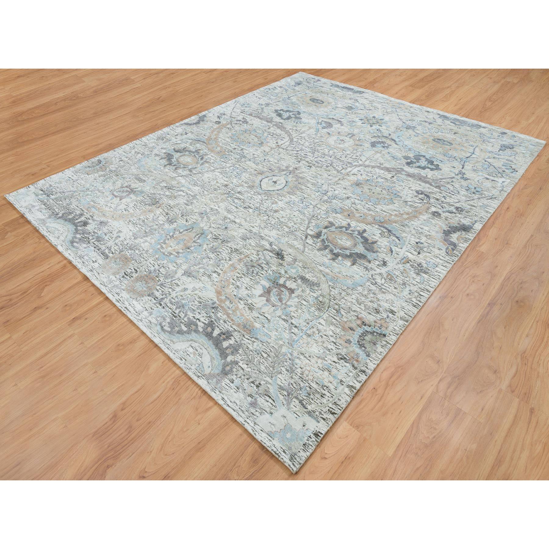 8'x10'1" Ivory, Sickle Leaf Design Soft Pile, Silk With Textured Wool Hand Woven, Oriental Rug 