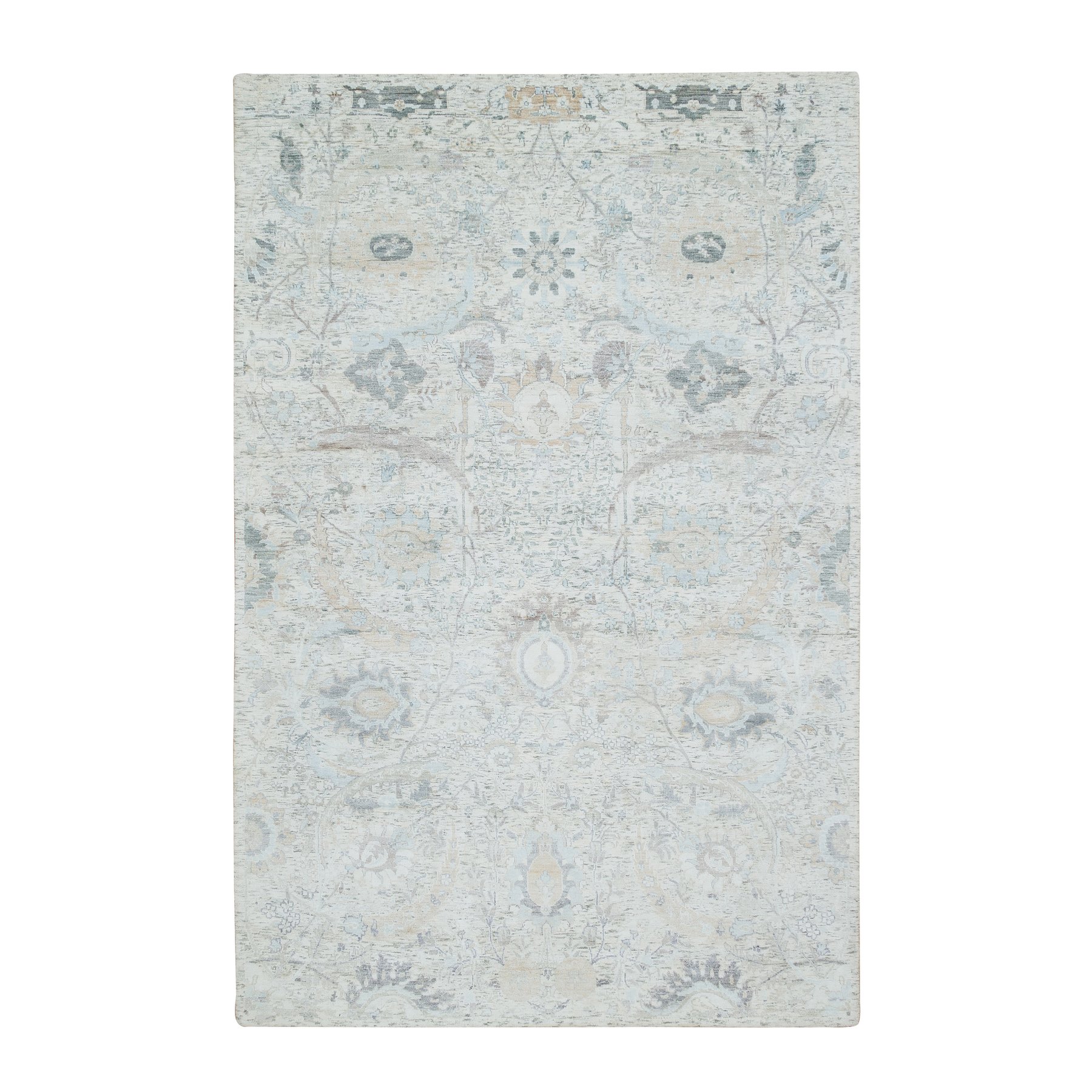 6'1"x9' Ivory, Silk With Textured Wool Hand Woven, Sickle Leaf Design Soft Pile, Oriental Rug 