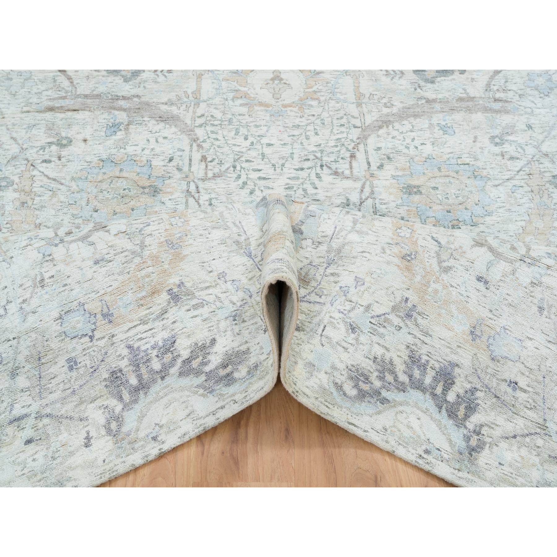 6'1"x9' Ivory, Silk With Textured Wool Hand Woven, Sickle Leaf Design Soft Pile, Oriental Rug 