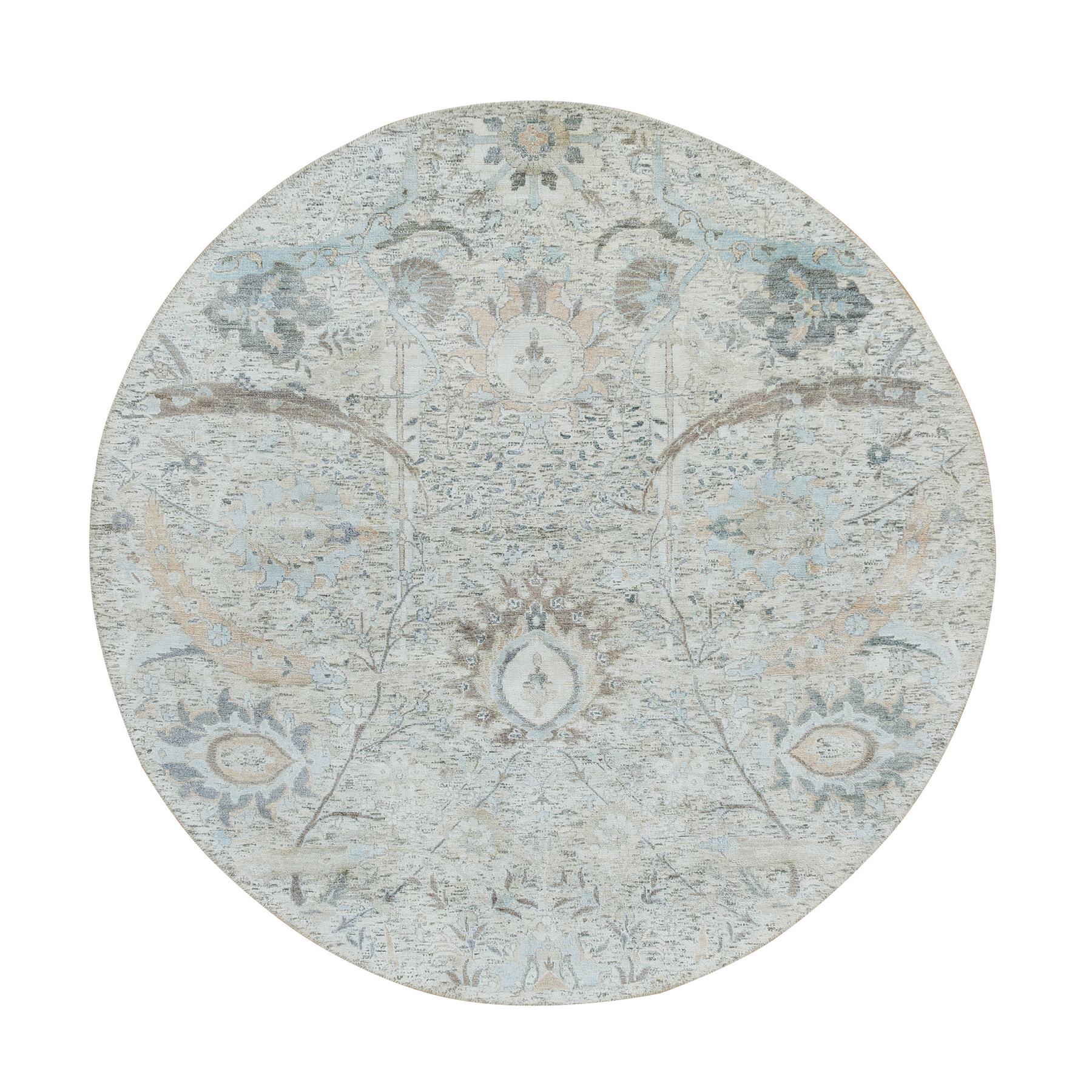 6'1"x6'1" Ivory, Sickle Leaf Design Soft Pile, Silk With Textured Wool Hand Woven, Round Oriental Rug 