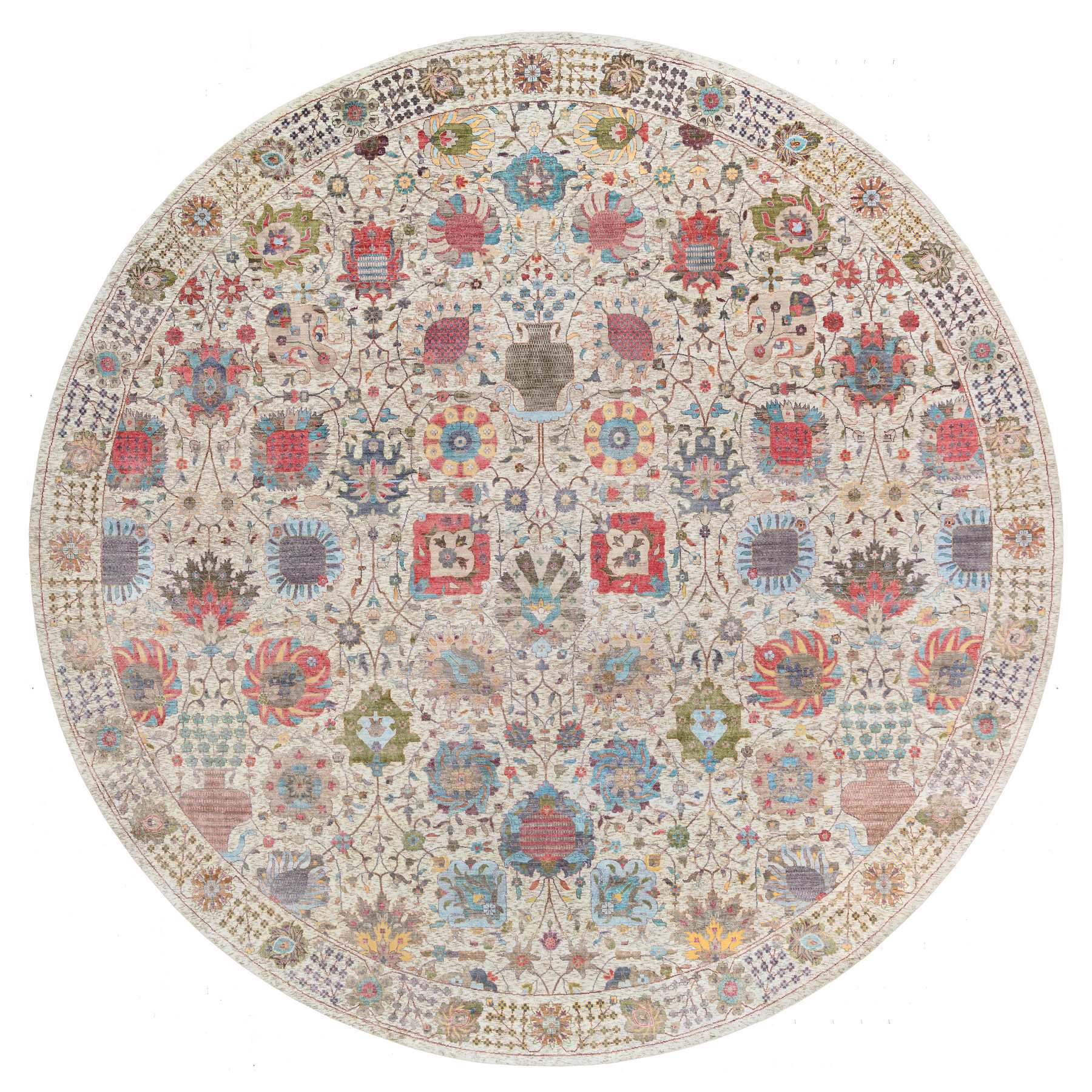 14'x14' Colorful, Tabriz Vase With Flower Design, Silk With Textured Wool Hand Woven, Round Oriental Rug 
