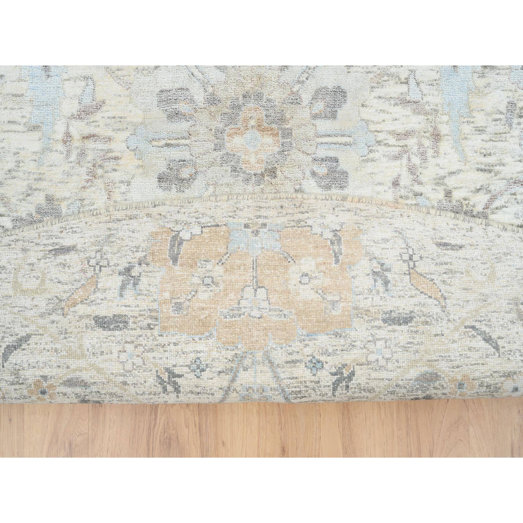 12'1"x12'1" Ivory, Silk With Textured Wool Hand Woven, Sickle Leaf Design Soft Pile, Round Oriental Rug 