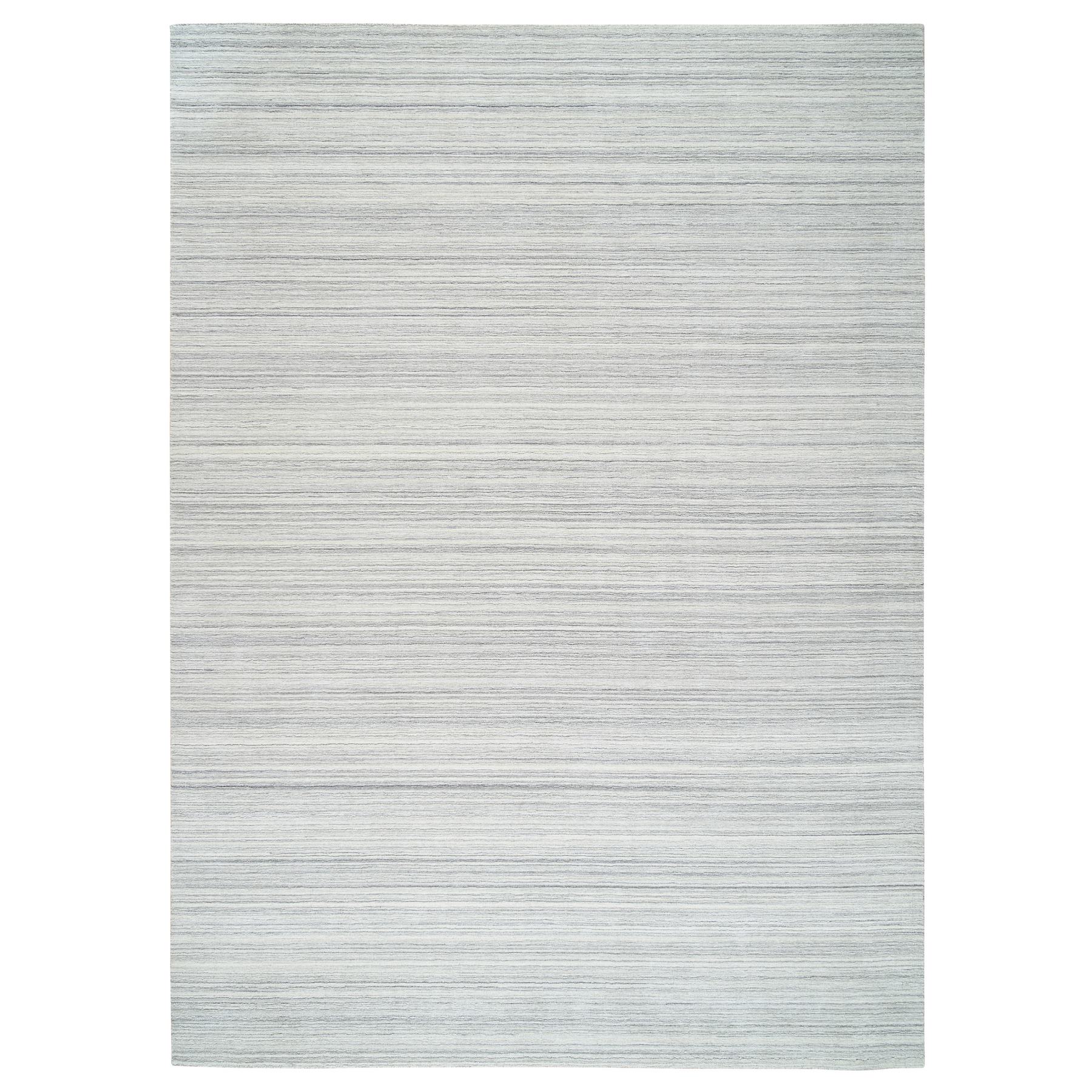 10'1"x14' Platinum Gray and Cream, Thick and Plush Plain Hand Loomed, Undyed Natural Wool Modern Design, Oriental Rug 