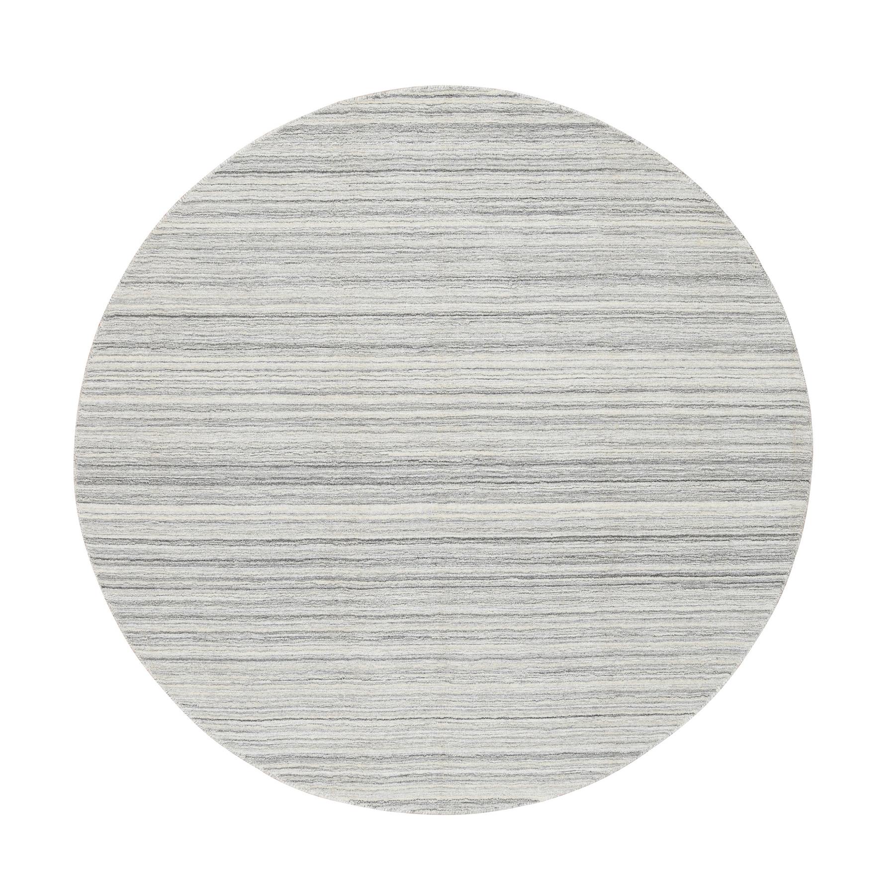 5'10"x5'10" Platinum Gray and Cream, Plain Hand Loomed Undyed Natural Wool, Modern Design Thick and Plush, Round Oriental Rug 