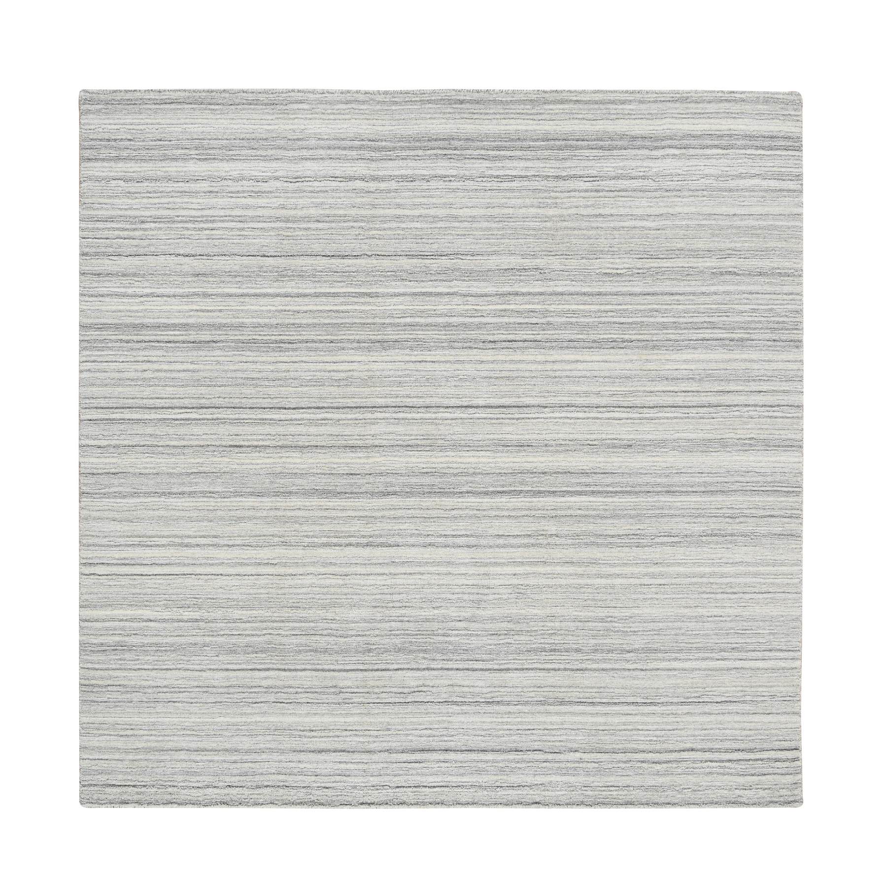 6'x6' Platinum Gray and Cream, Modern Design Thick and Plush, Plain Hand Loomed Undyed Natural Wool, Square Oriental Rug 