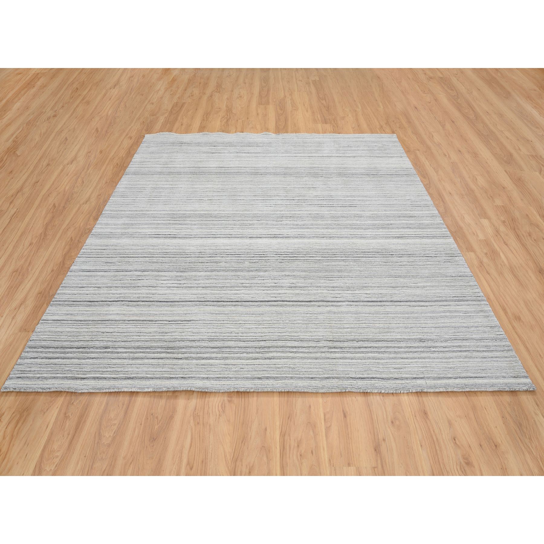 8'1"x8'1" Platinum Gray and Cream, Plain Hand Loomed Undyed Natural Wool, Modern Design Thick and Plush, Square Oriental Rug 
