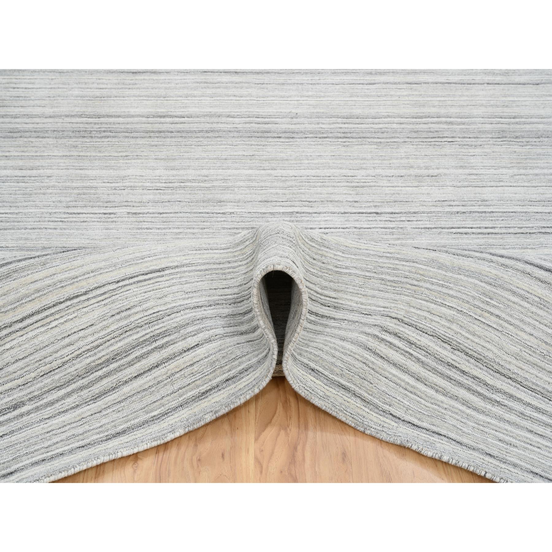 8'1"x8'1" Platinum Gray and Cream, Plain Hand Loomed Undyed Natural Wool, Modern Design Thick and Plush, Square Oriental Rug 