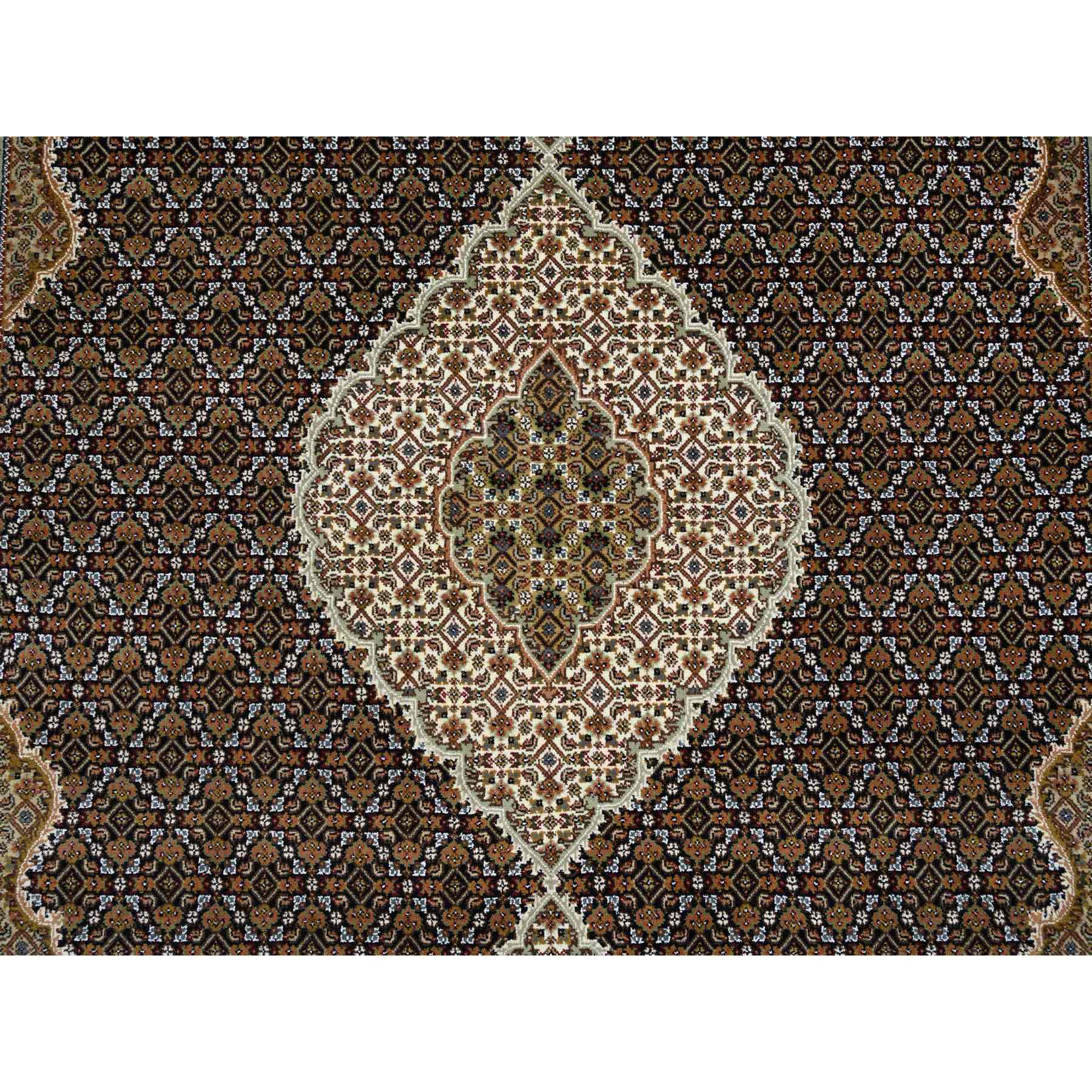8'x10'1" Rich Black, Tabriz Mahi with Fish Medallion Design, 175 KPSI, Pure Wool, Hand Woven, Oriental Rug 