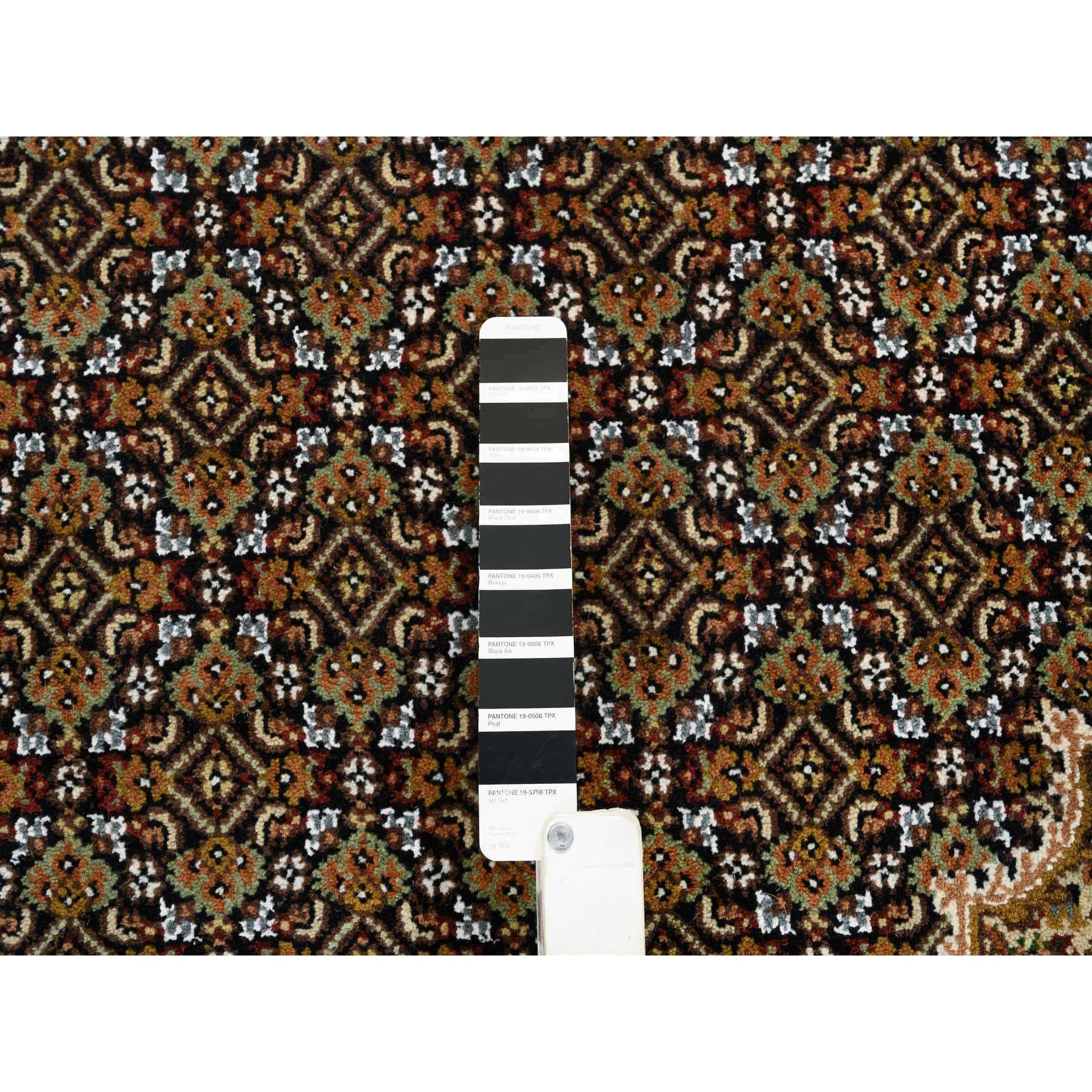 9'x12'6" Rich Black, Tabriz Mahi with Fish Medallion Design, 175 KPSI, Hand Woven, Pure Wool Oriental Rug 