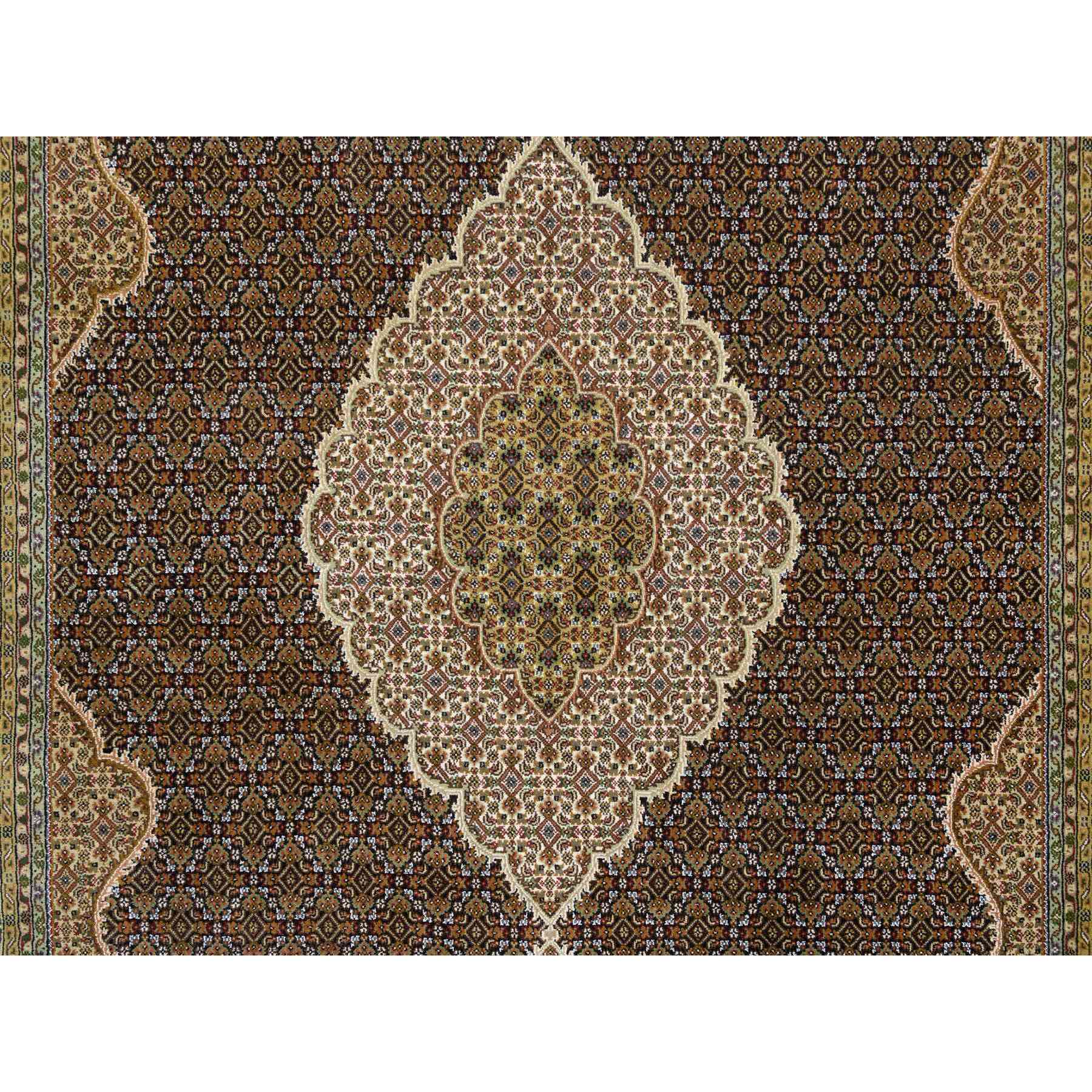 9'x12'6" Rich Black, Tabriz Mahi with Fish Medallion Design, 175 KPSI, Hand Woven, Pure Wool Oriental Rug 