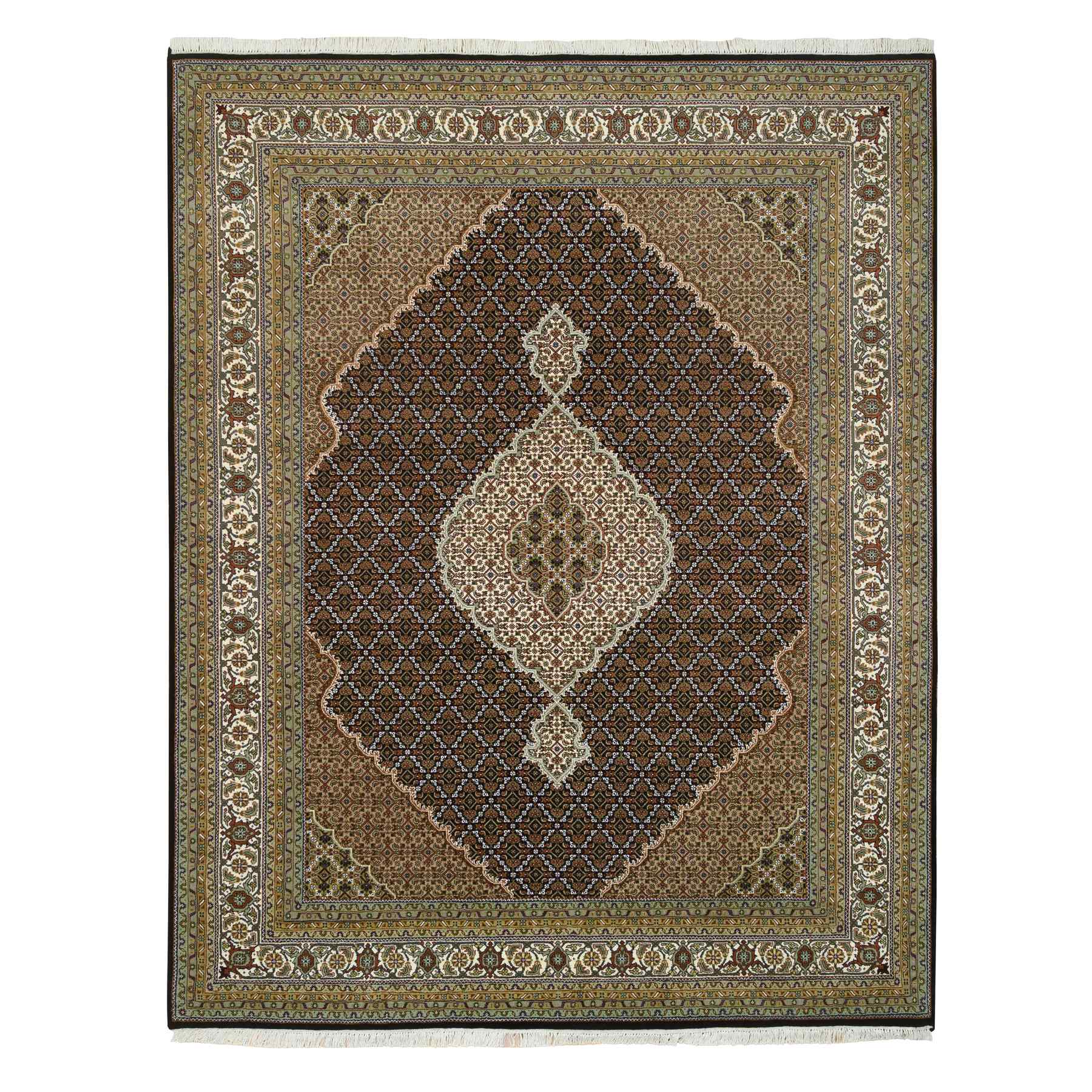 8'x10' Rich Black, Tabriz Mahi with Fish Medallion Design, 175 KPSI, Hand Woven, Pure Wool Oriental Rug 