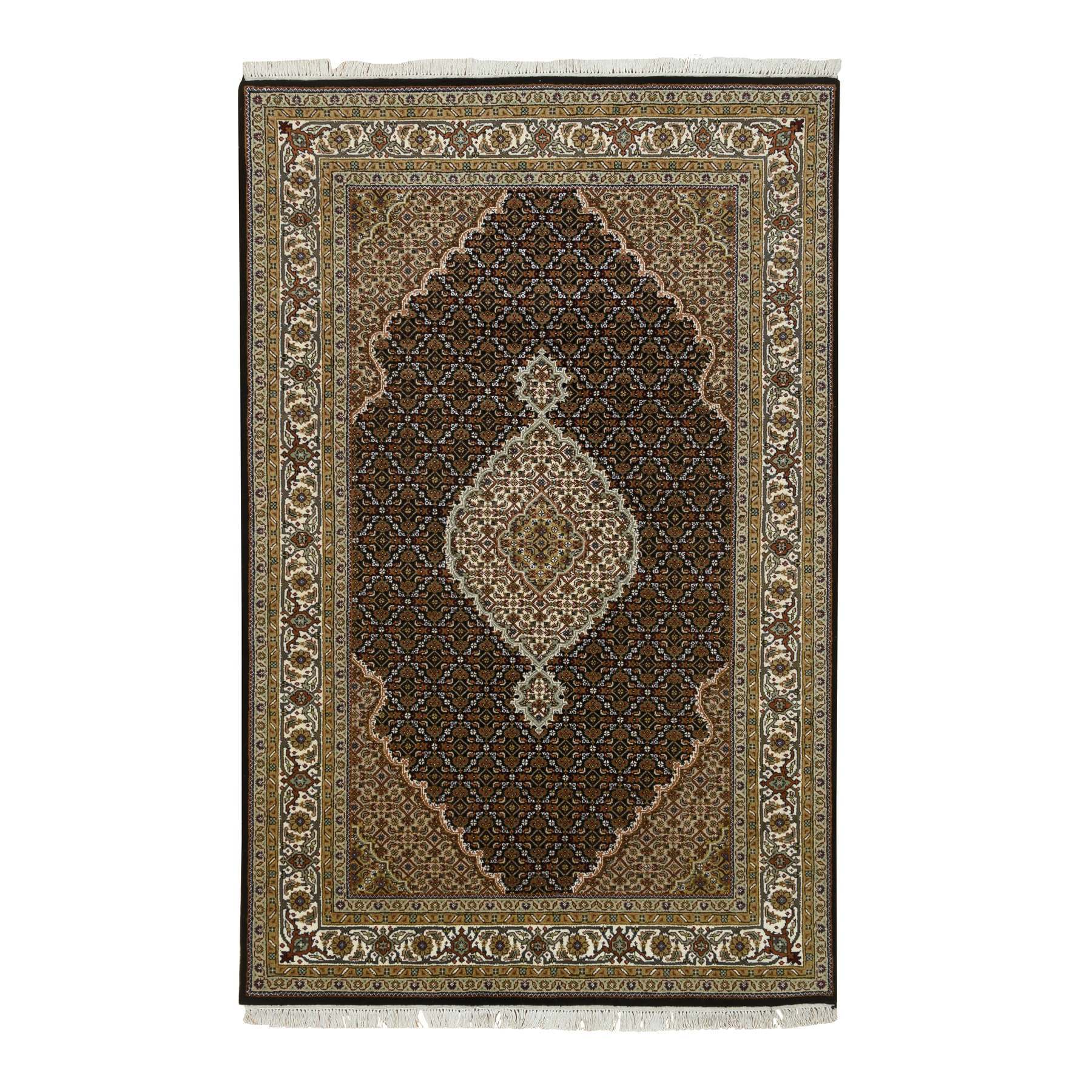 5'2"x8' Rich Black, Tabriz Mahi with Fish Medallion Design, 175 KPSI, Hand Woven, Pure Wool Oriental Rug 
