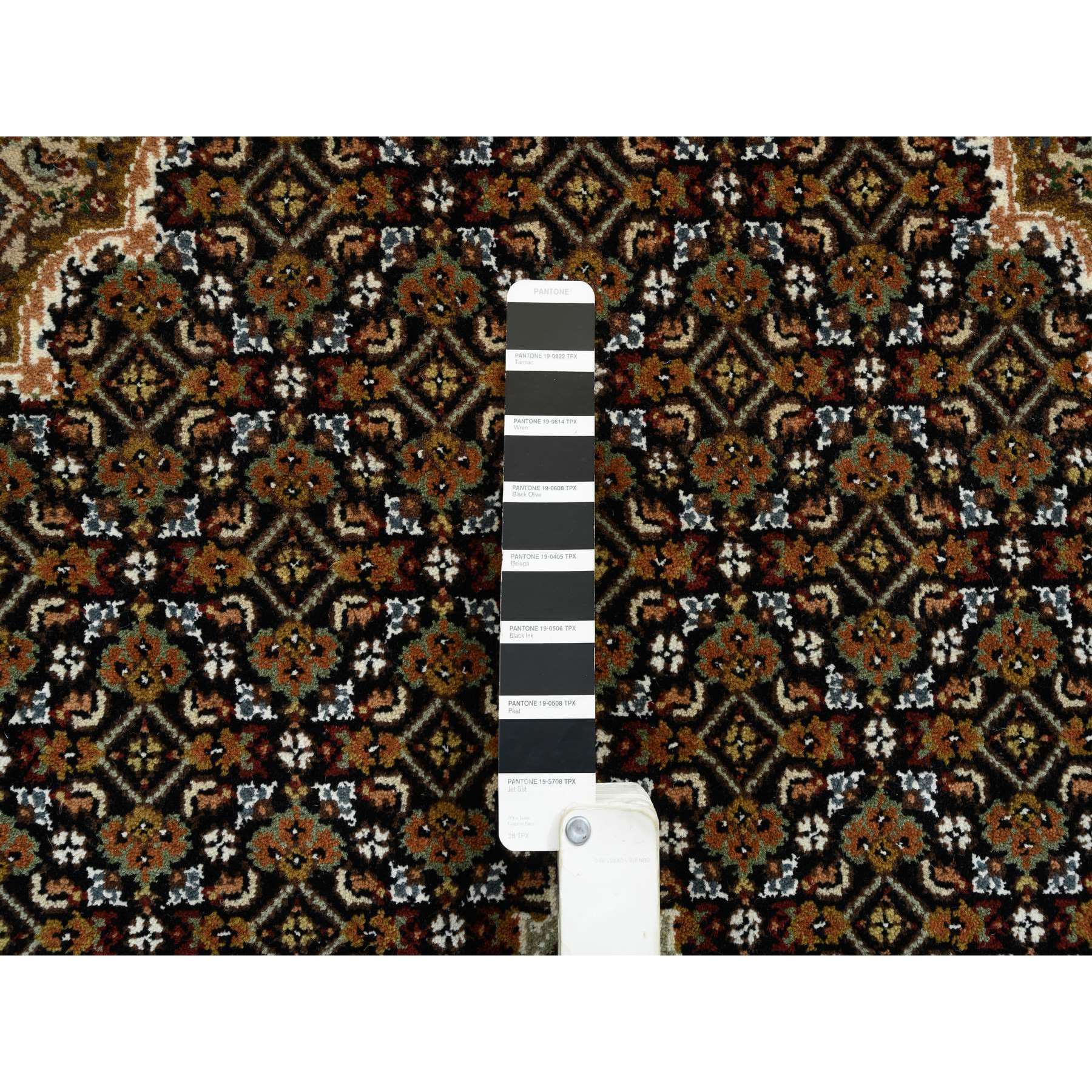 5'2"x8' Rich Black, Tabriz Mahi with Fish Medallion Design, 175 KPSI, Hand Woven, Pure Wool Oriental Rug 