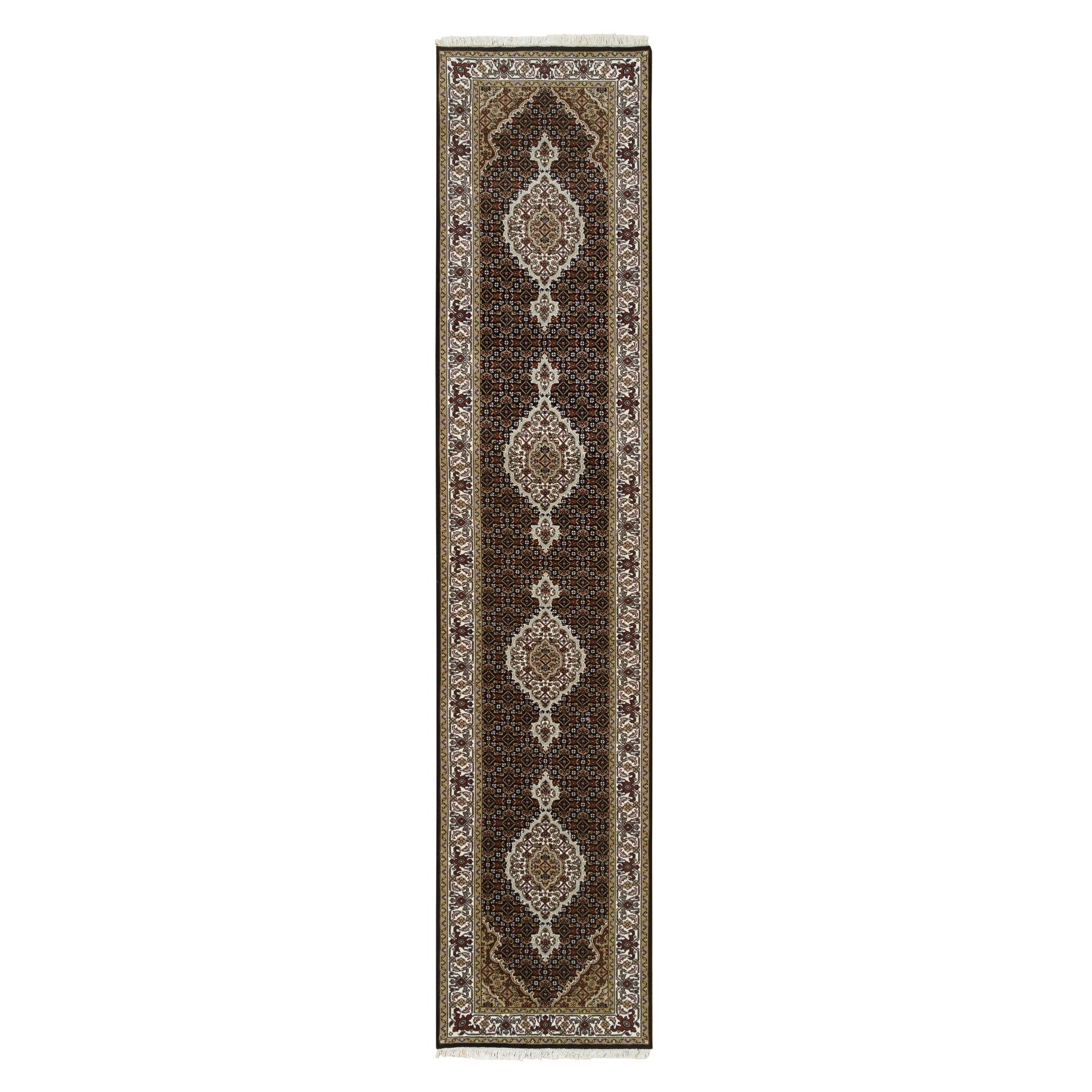 2'8"x12'4" Rich Black, Tabriz Mahi with Fish Medallion Design, 175 KPSI, 100% Wool, Hand Woven, Runner Oriental Rug 