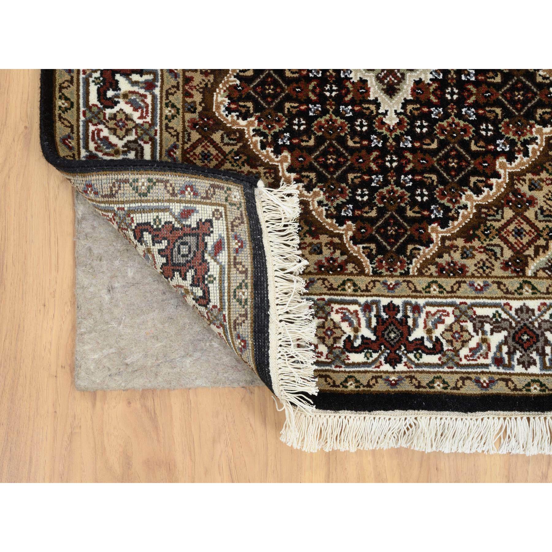 2'8"x12'4" Rich Black, Tabriz Mahi with Fish Medallion Design, 175 KPSI, 100% Wool, Hand Woven, Runner Oriental Rug 
