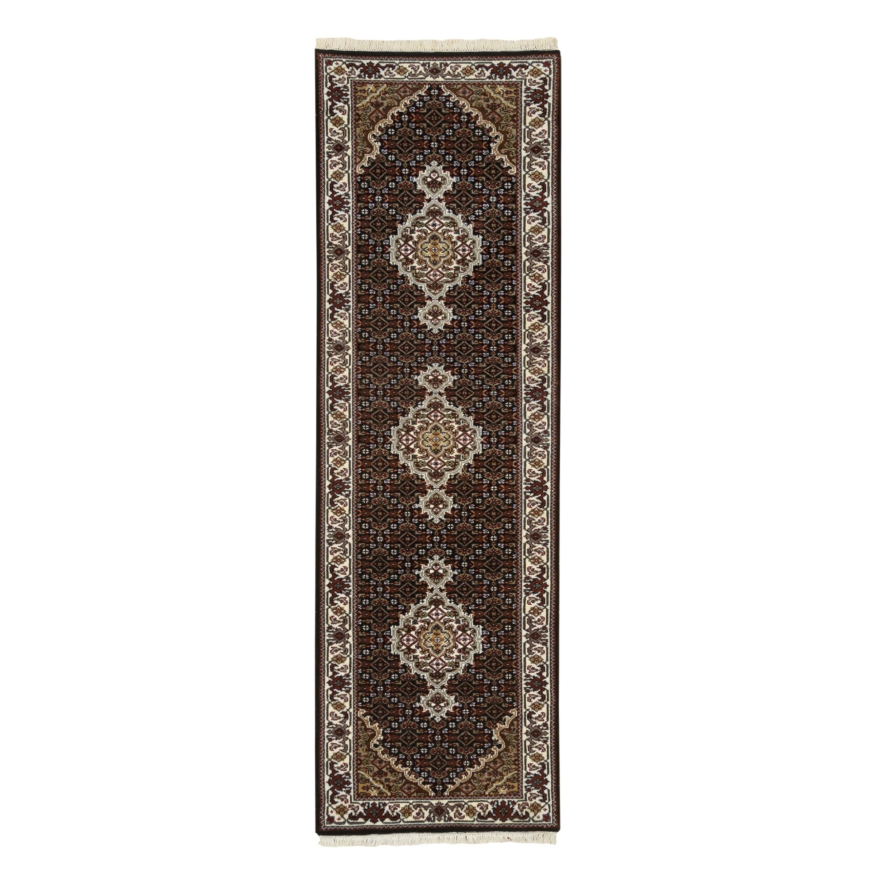 2'x7'10" Rich Black, Tabriz Mahi with Fish Medallion Design, 175 KPSI, 100% Wool, Hand Woven, Runner Oriental Rug 
