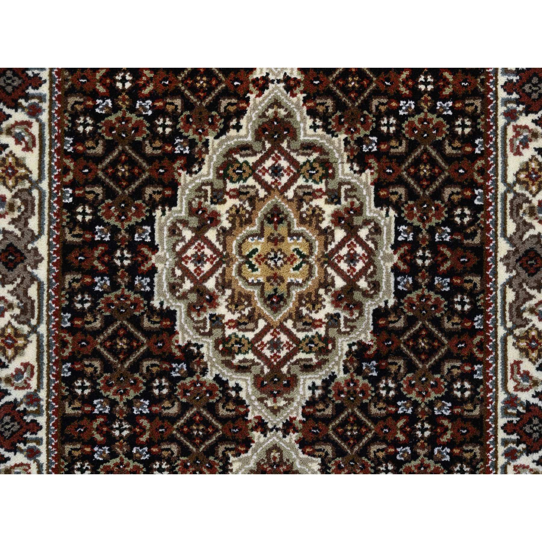 2'x7'10" Rich Black, Tabriz Mahi with Fish Medallion Design, 175 KPSI, 100% Wool, Hand Woven, Runner Oriental Rug 