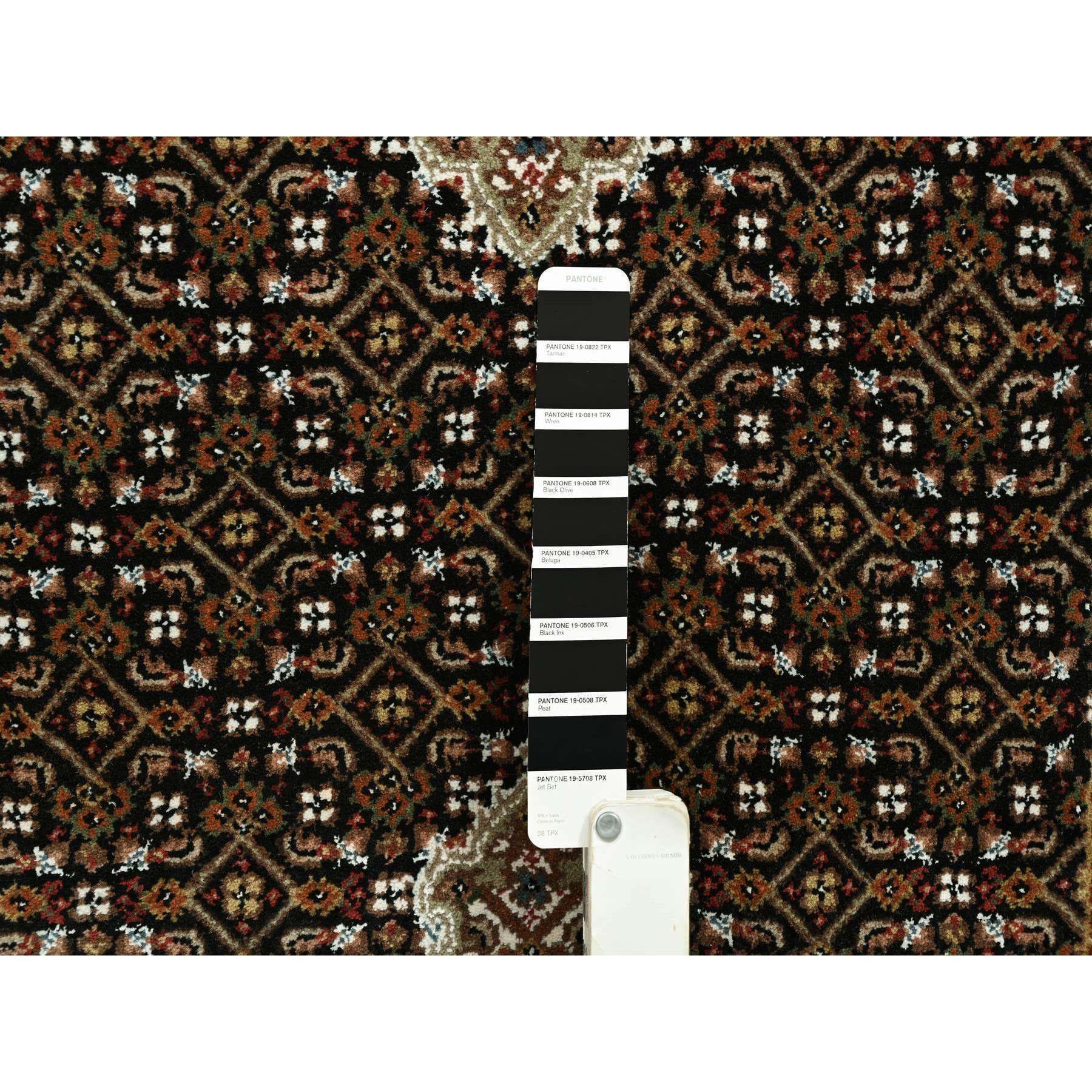 2'8"x8'1" Rich Black, Tabriz Mahi with Fish Medallion Design, 100% Wool, 175 KPSI, Hand Woven, Runner Oriental Rug 
