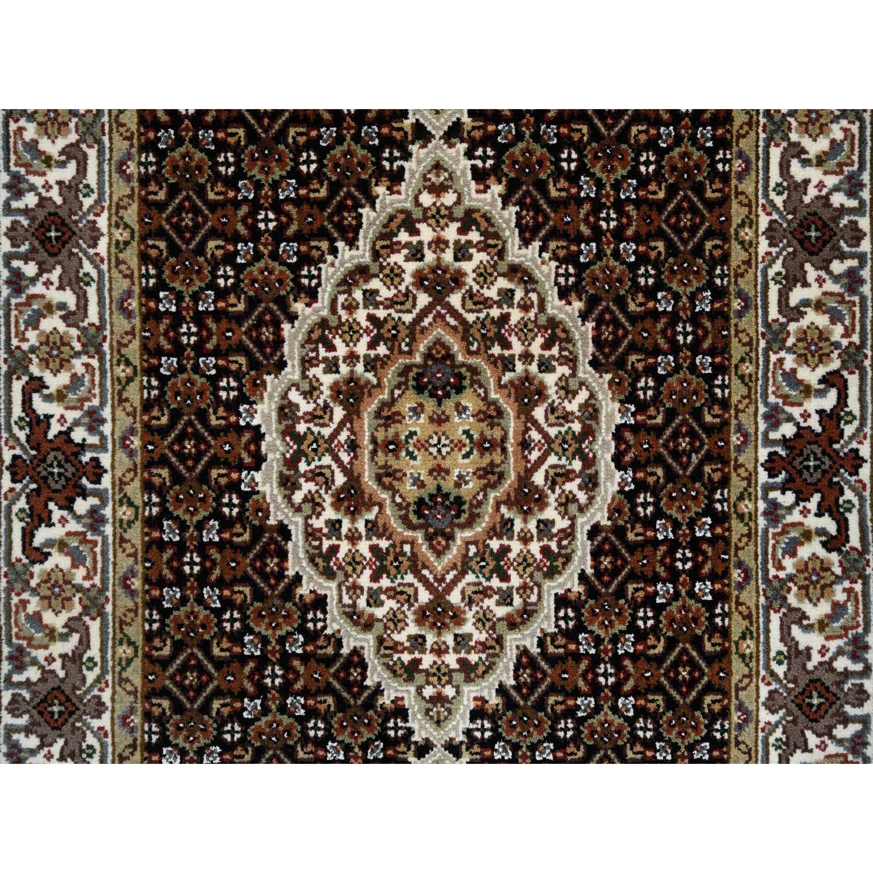 2'6"x8' Rich Black, Tabriz Mahi with Fish Medallion Design, 175 KPSI, Pure Wool, Hand Woven, Runner Oriental Rug 