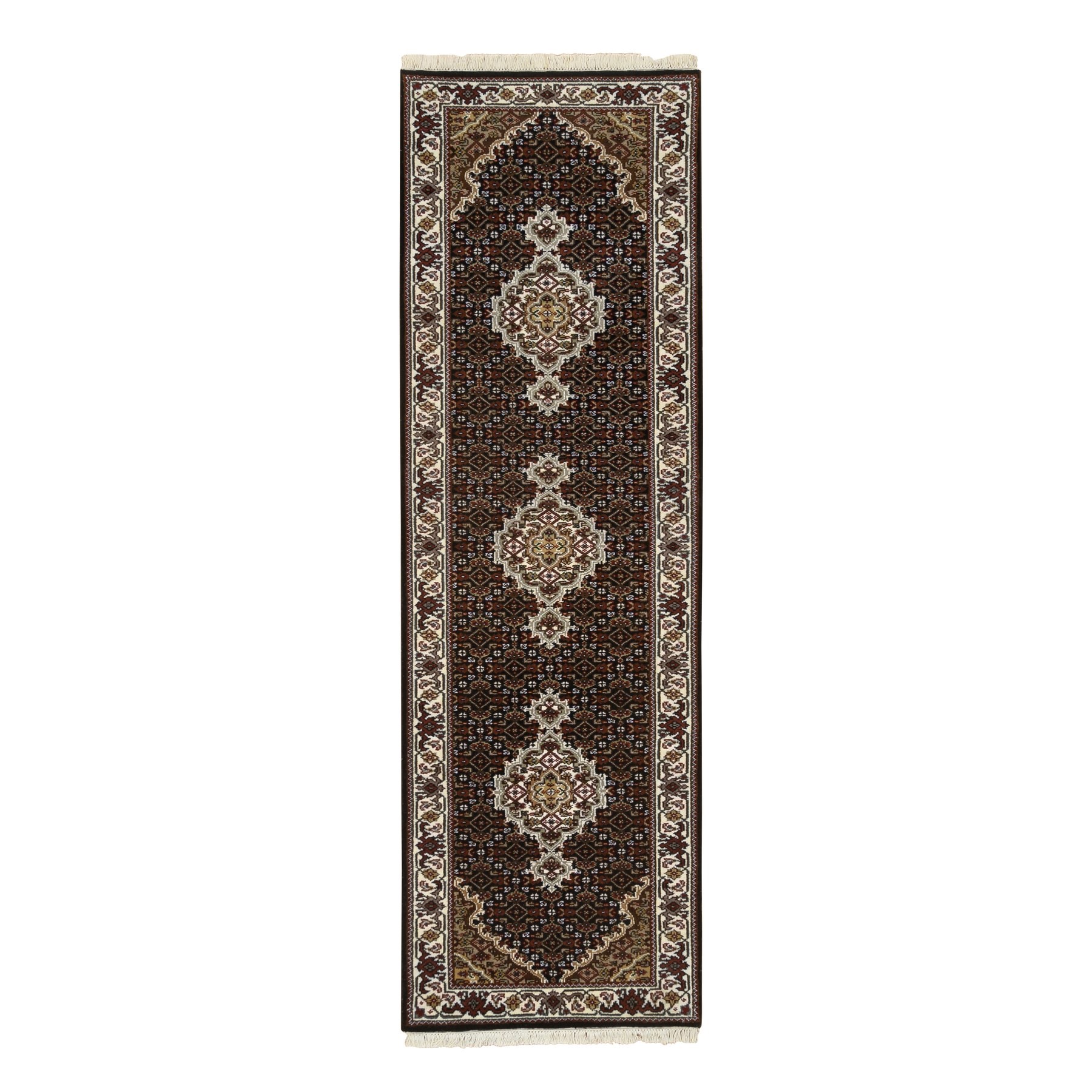 2'x8'1" Rich Black, Tabriz Mahi with Fish Medallion Design, 175 KPSI, Pure Wool, Hand Woven, Runner Oriental Rug 