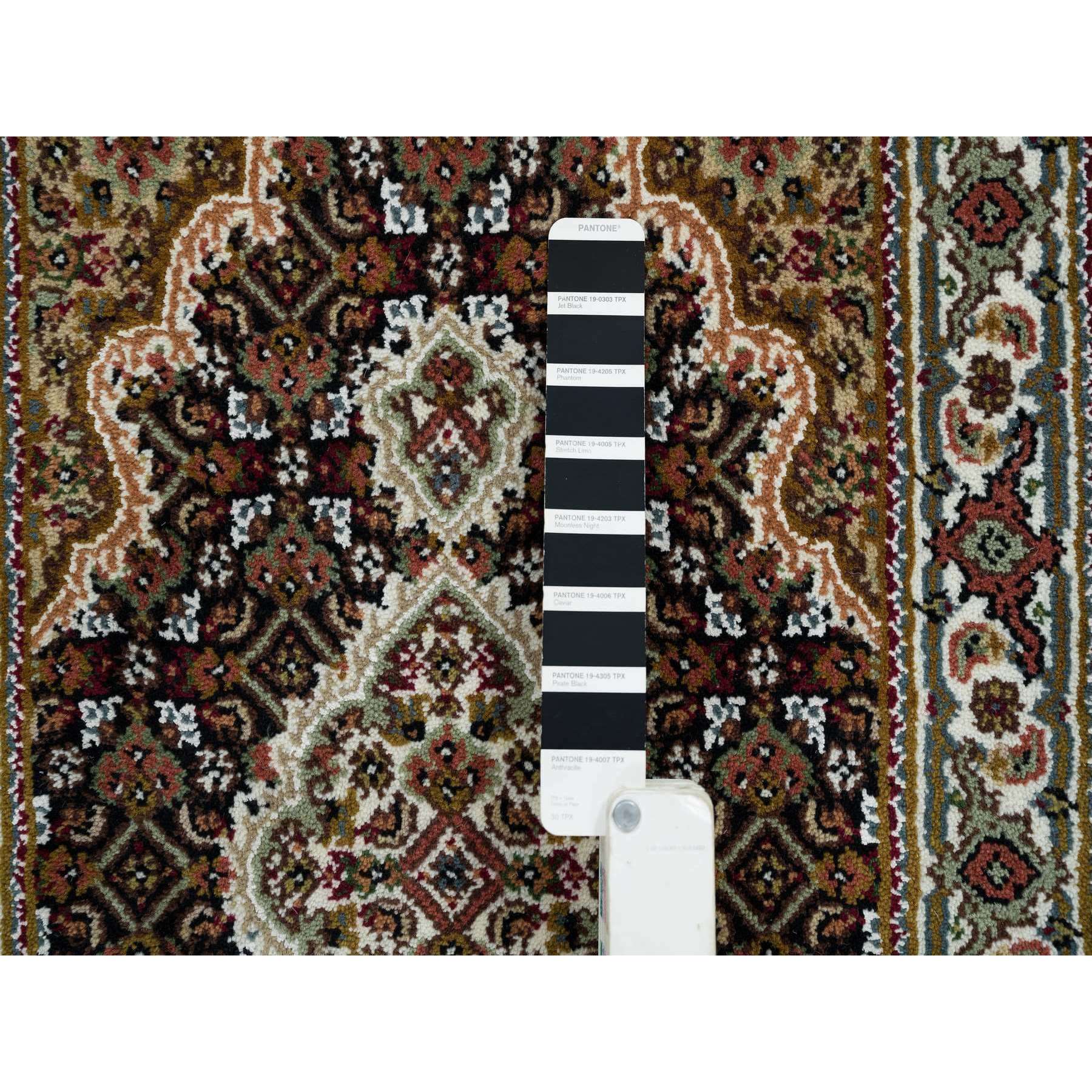 2'x3' Rich Black, Tabriz Mahi with Fish Medallion Design, 100% Wool, 175 KPSI, Hand Woven, Mat Oriental Rug 