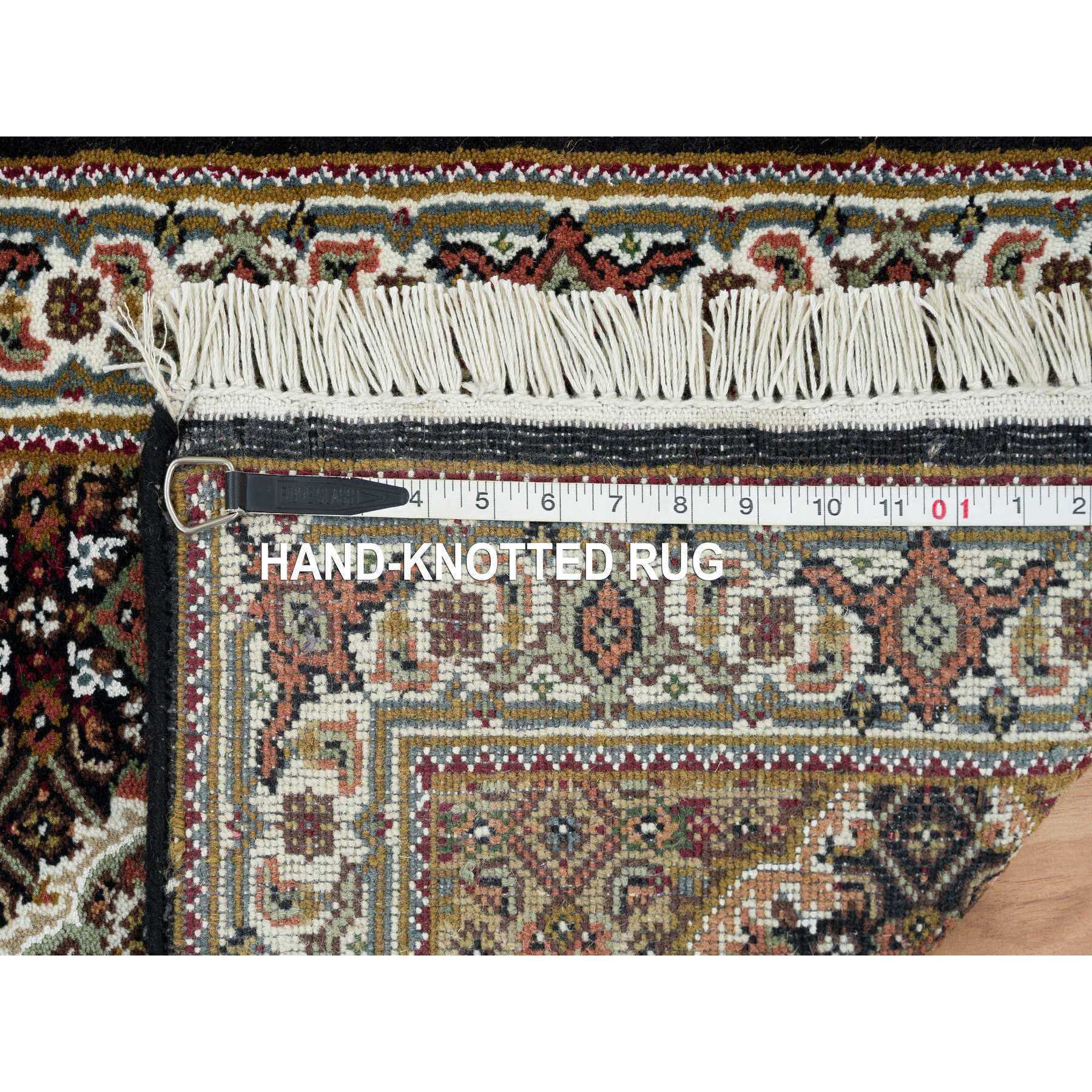 2'x3' Rich Black, Tabriz Mahi with Fish Medallion Design, 100% Wool, 175 KPSI, Hand Woven, Mat Oriental Rug 